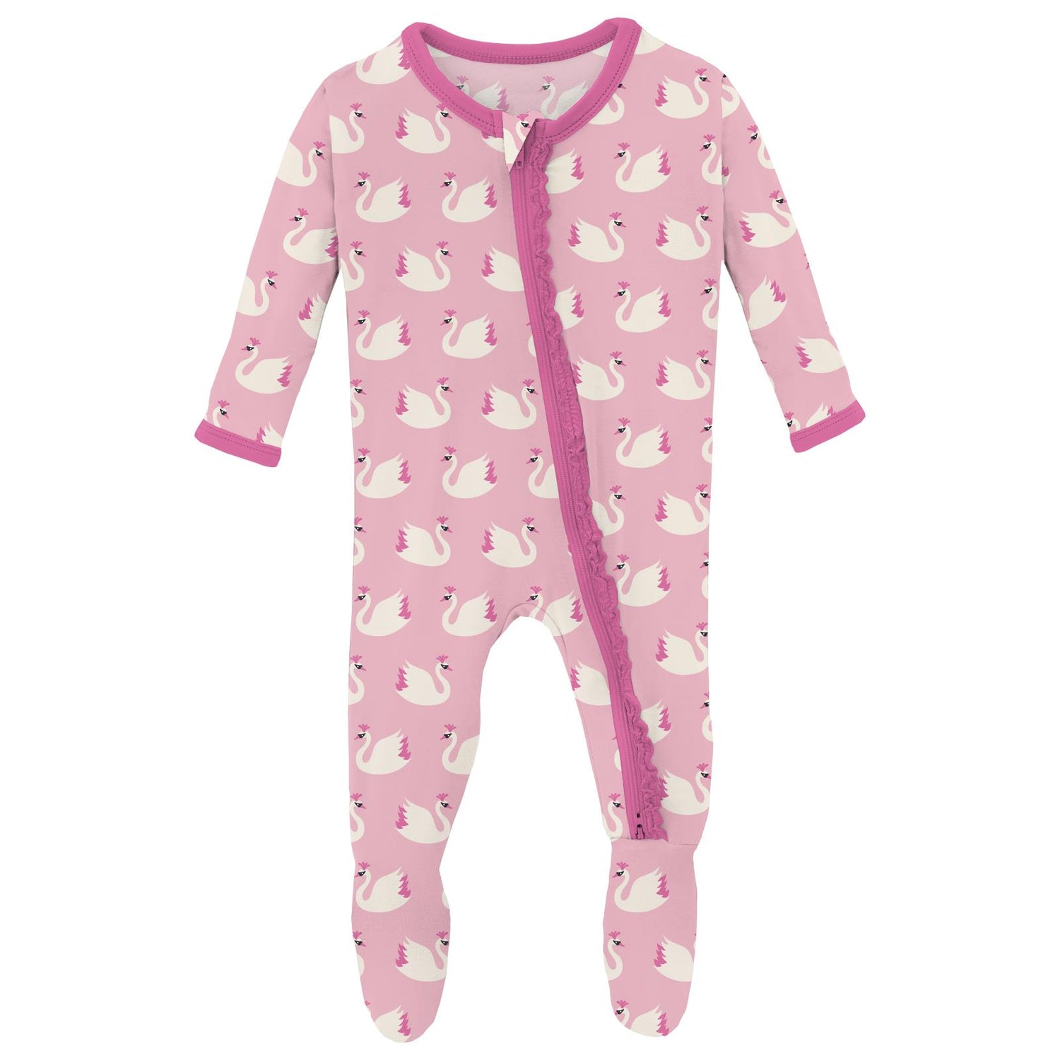 Print Muffin Ruffle Footie with 2 Way Zipper in Cake Pop Swan Princess