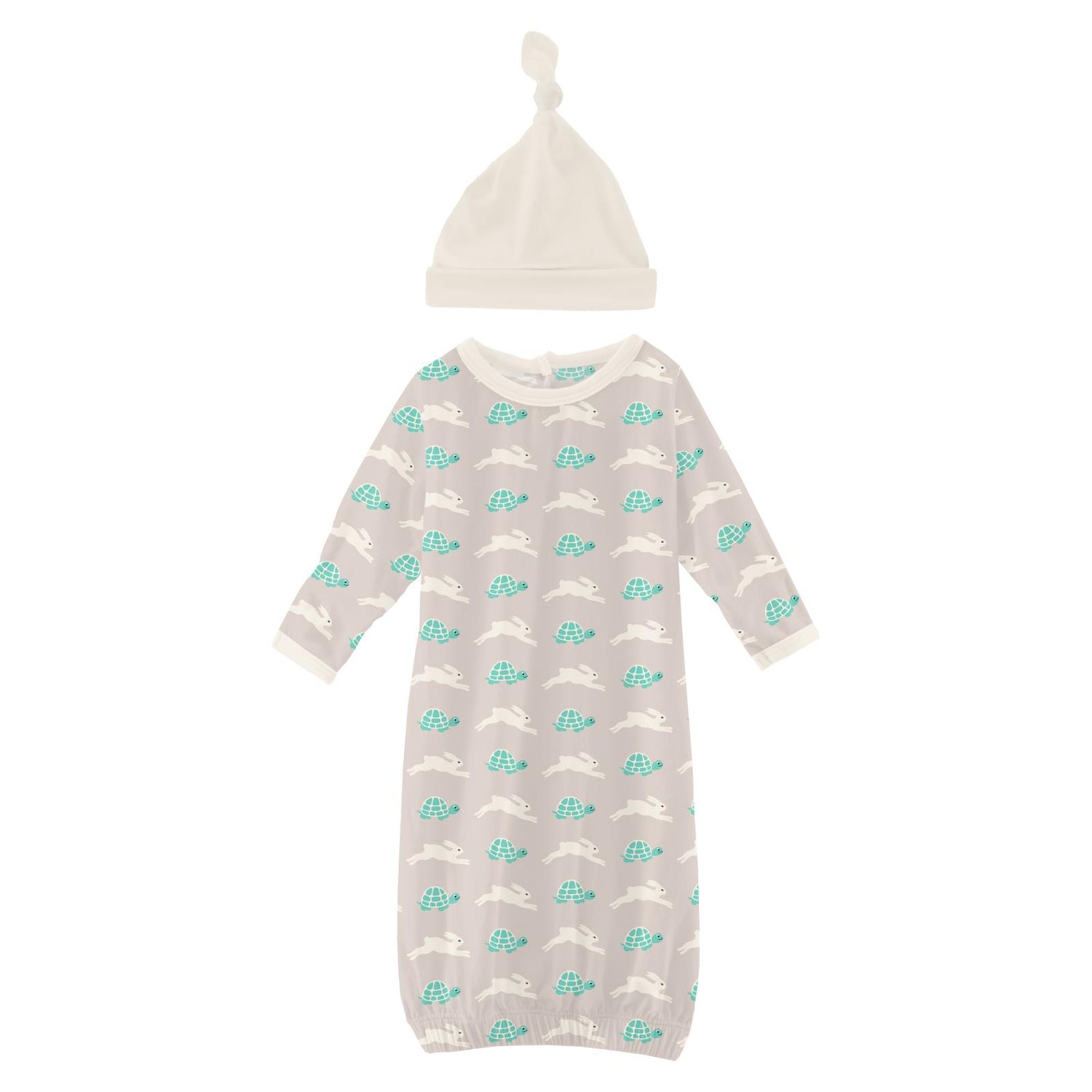 Print Layette Gown & Single Knot Hat Set in Latte Tortoise and Hare