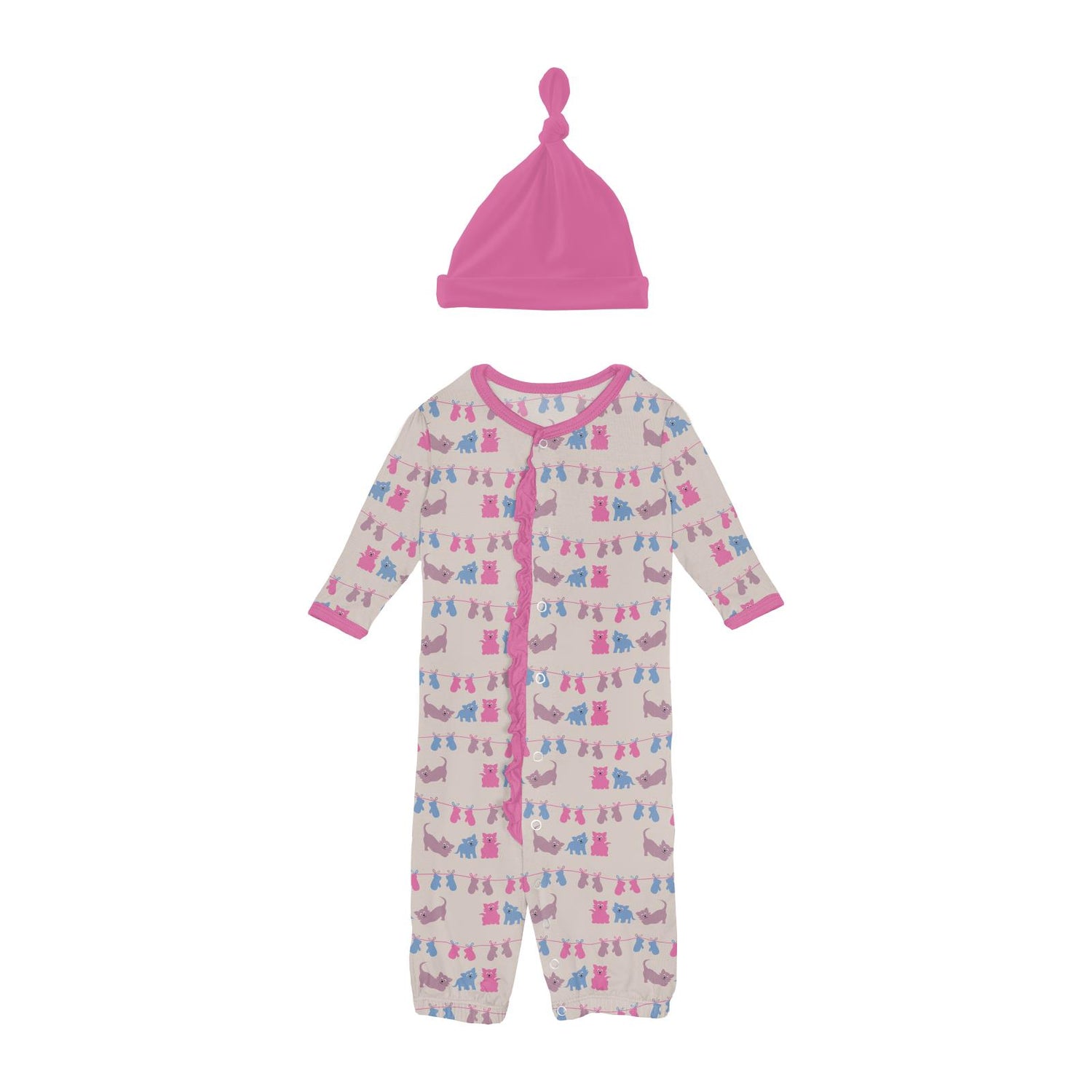 Print Ruffle Layette Gown Converter & Knot Hat Set in Latte 3 Little Kittens