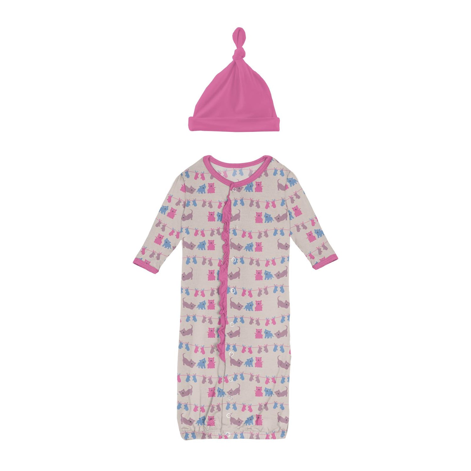 Print Ruffle Layette Gown Converter & Knot Hat Set in Latte 3 Little Kittens
