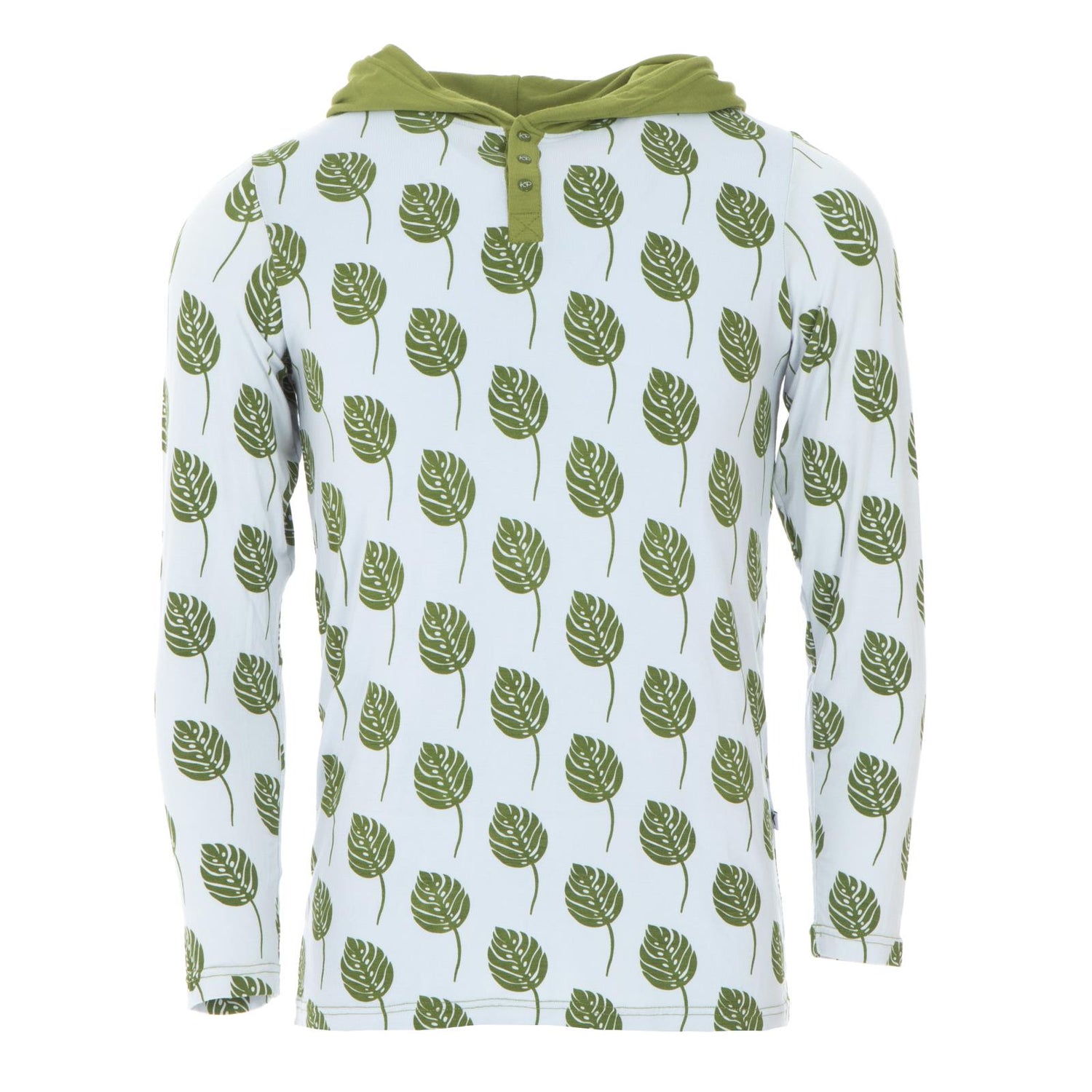 Print Men's Long Sleeve Hooded Tee in Dew Philodendron