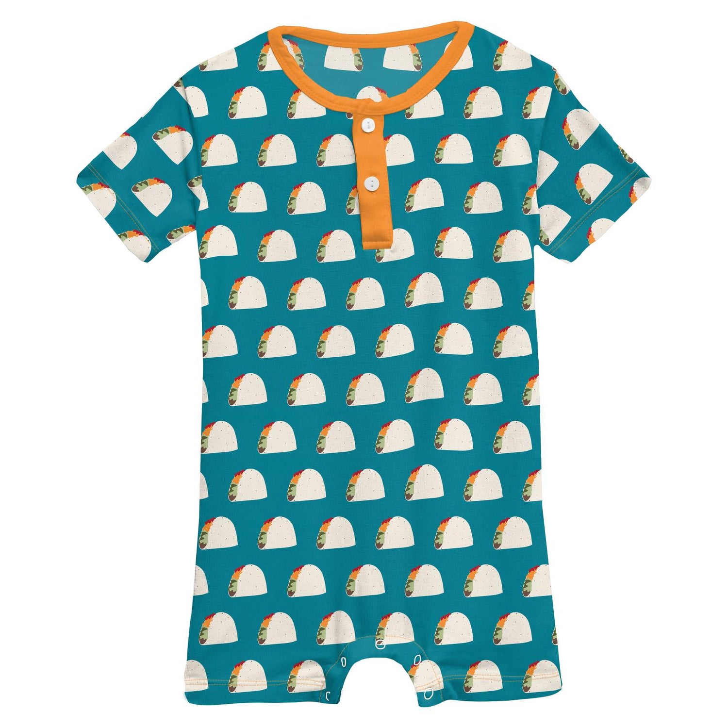 Print Short Sleeve Henley Romper in Seagrass Tacos