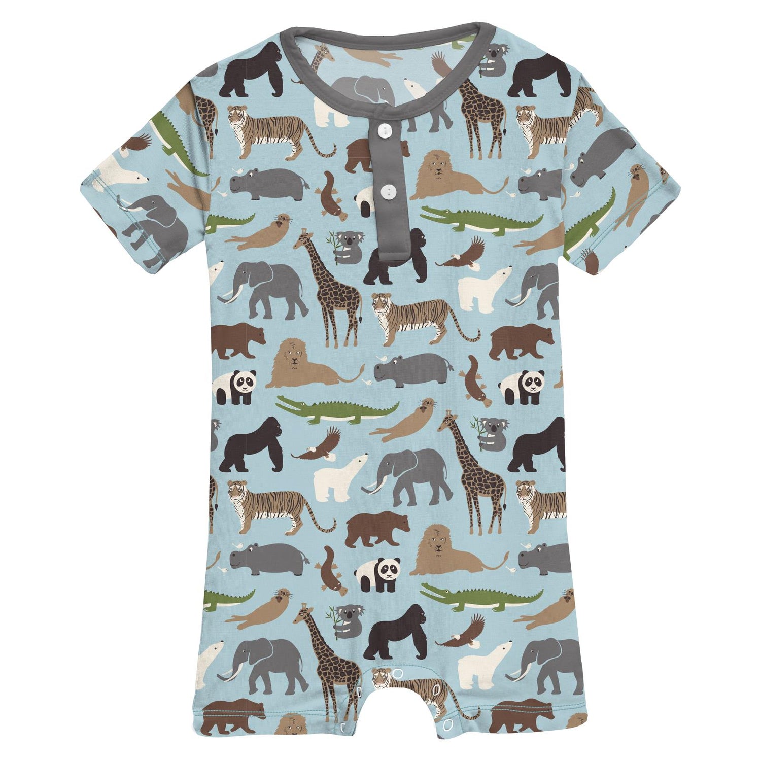 Print Short Sleeve Henley Romper in Spring Sky Zoo