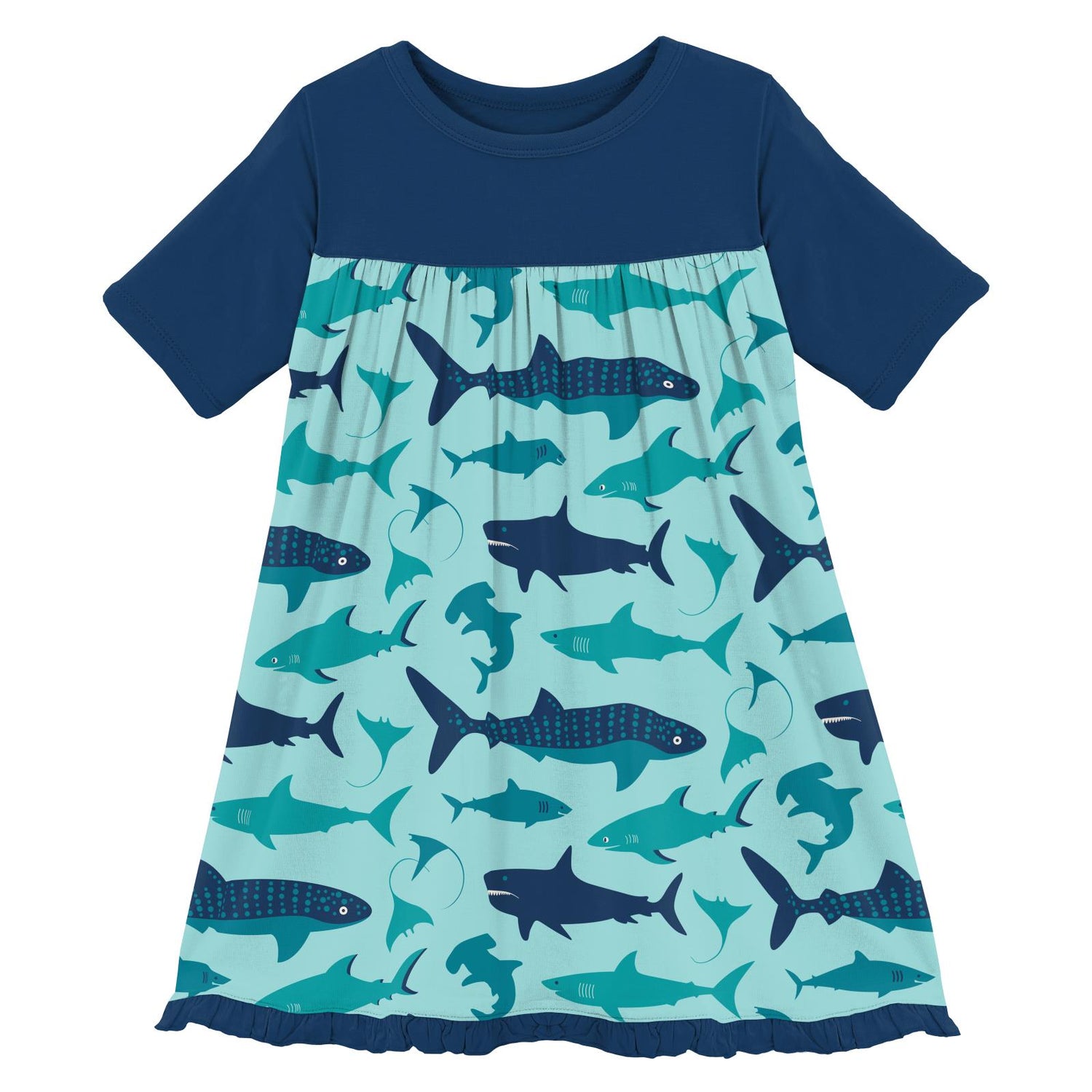 Print Classic Short Sleeve Swing Dress in Summer Sky Shark Week