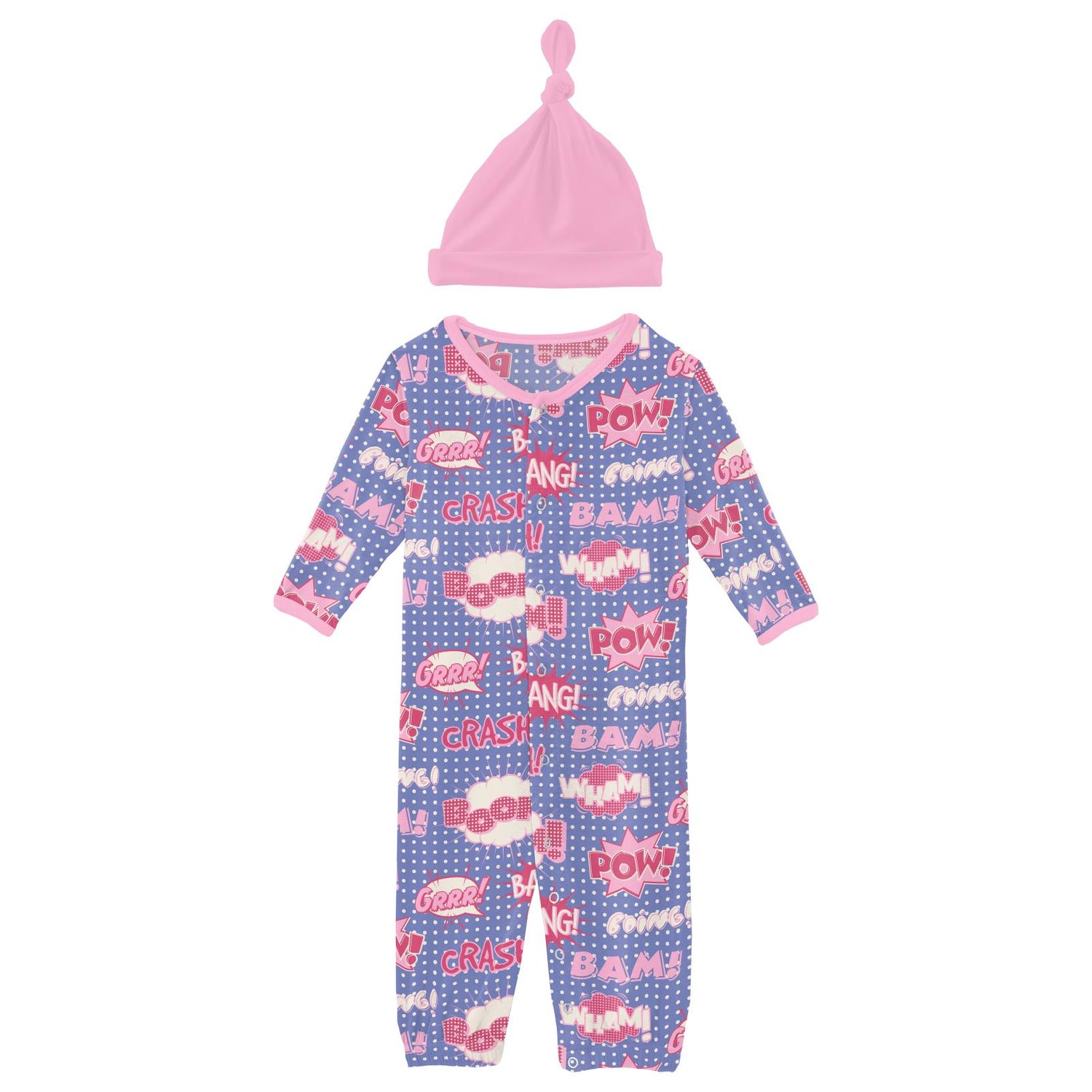 Print Layette Gown Converter & Single Knot Hat Set in Forget Me Not Comic Onomatopoeia