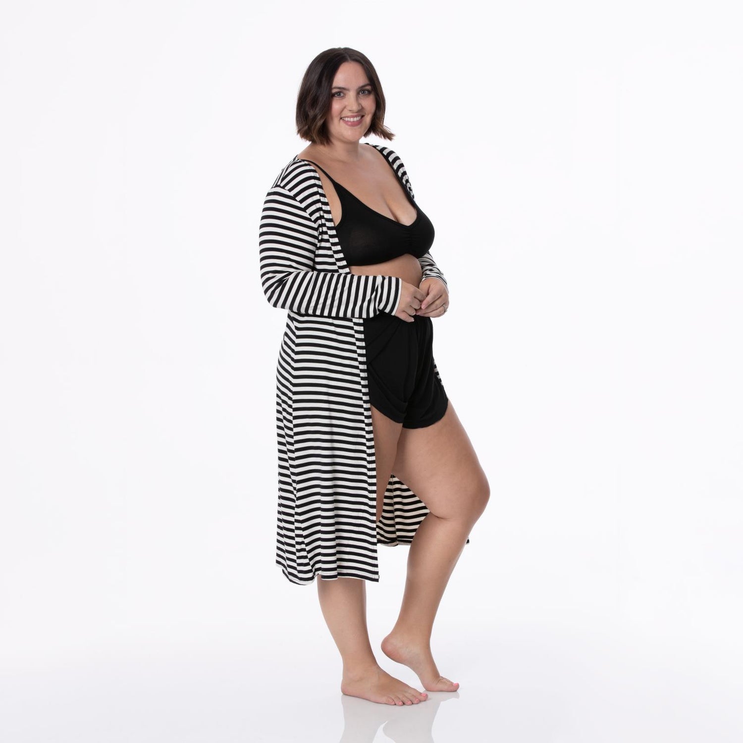 Women's Print Sleeping Bra, Tulip Shorts and Duster Robe Set in Jailhouse Rock Stripe