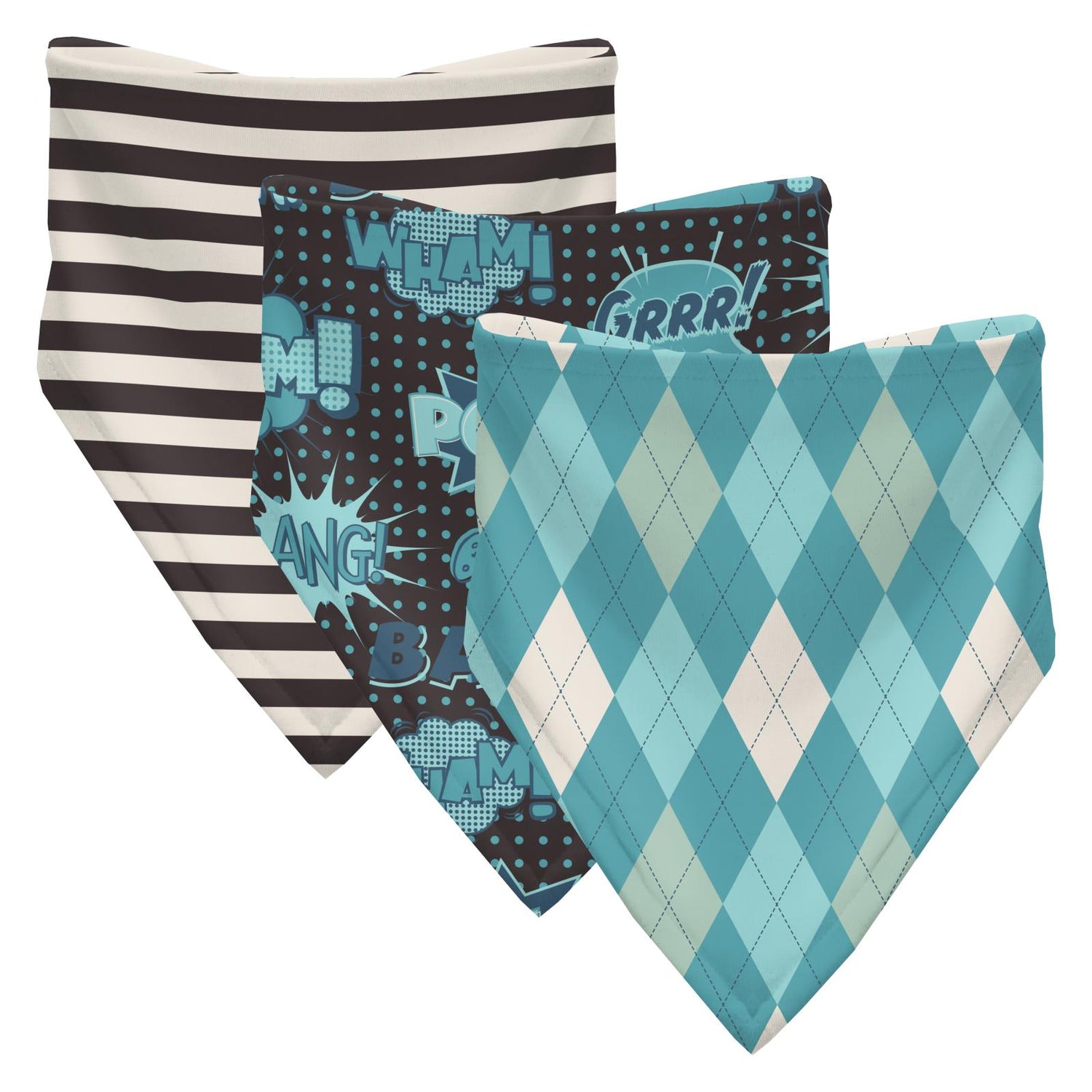 Print Bandana Bib Set of 3 in Midnight Comic Onomatopoeia , Glacier Argyle & Jailhouse Rock Stripe