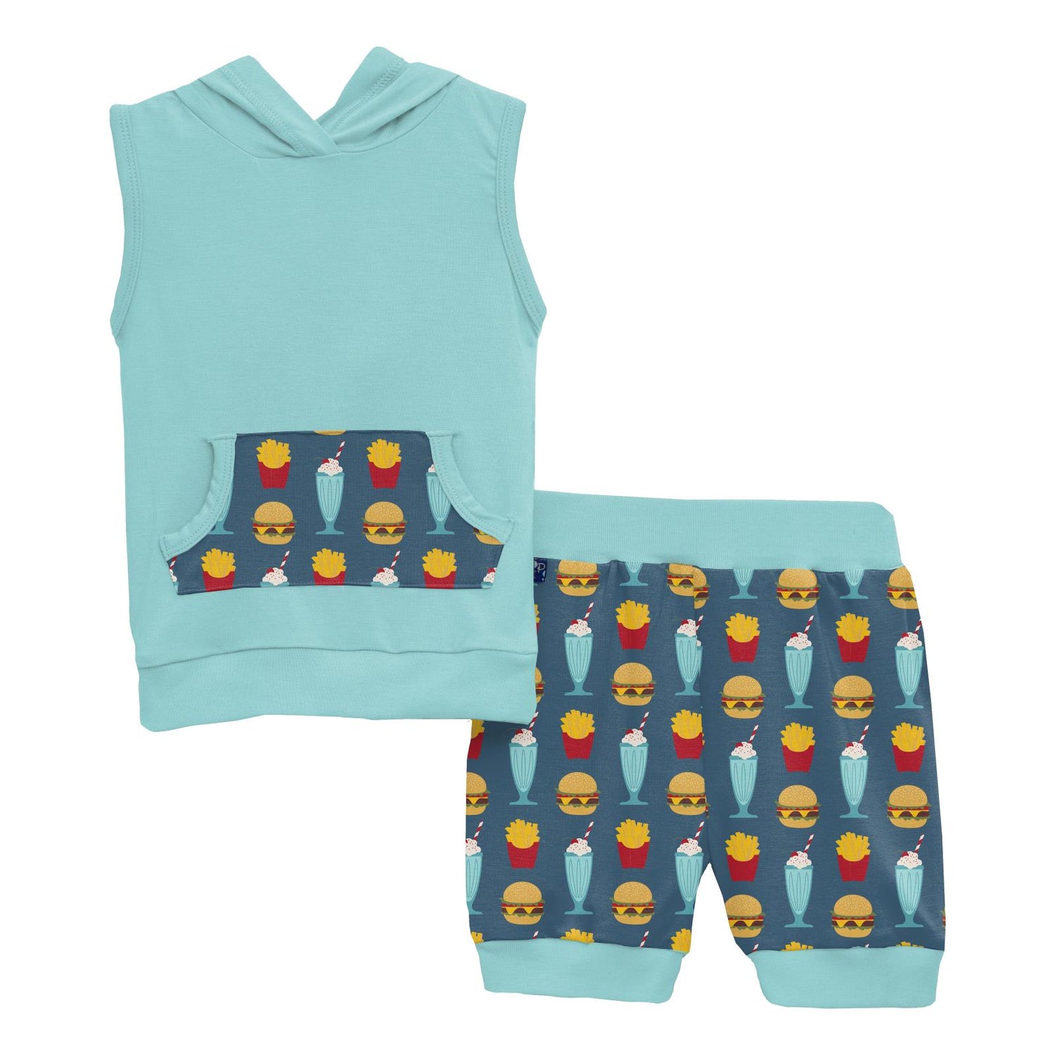 Print Short Sleeve Hoodie Tank Outfit Set in Deep Sea Cheeseburger