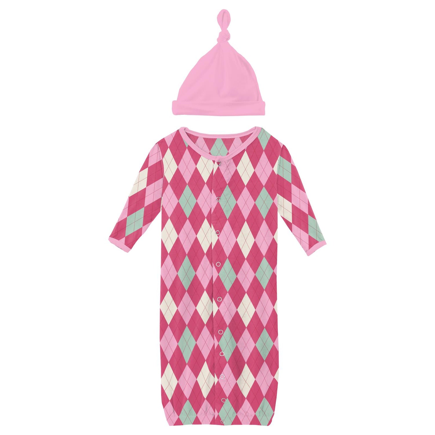 Print Layette Gown Converter & Single Knot Hat Set in Flamingo Argyle