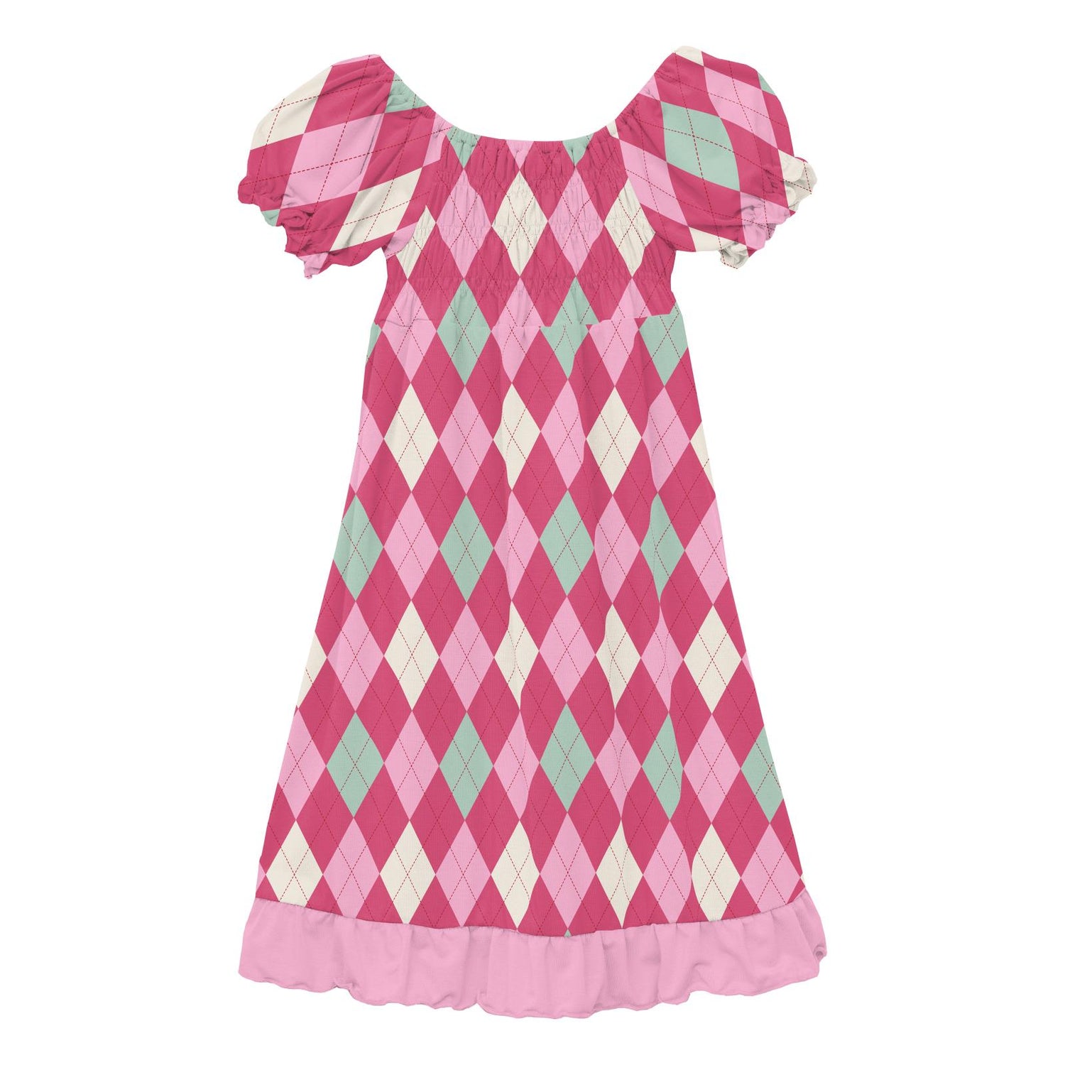 Print Short Sleeve Gathered Dress in Flamingo Argyle