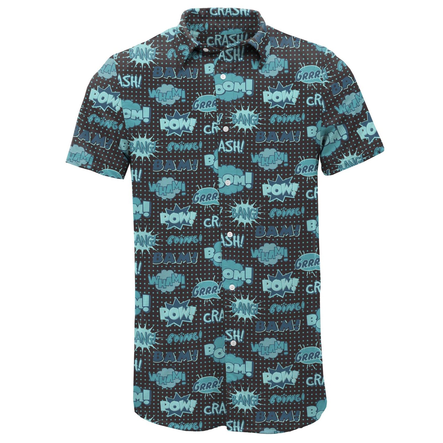 Men's Print Short Sleeve Button Down Shirt in Midnight Comic Onomatopoeia