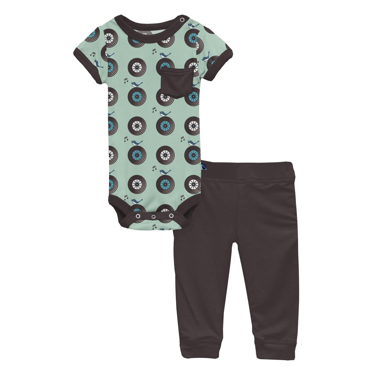 Print Short Sleeve Pocket One Piece and Pant Outfit Set in Pistachio Record Birds