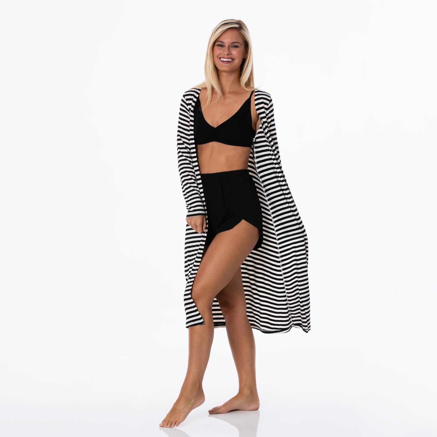 Women's Print Sleeping Bra, Tulip Shorts and Duster Robe Set in Jailhouse Rock Stripe