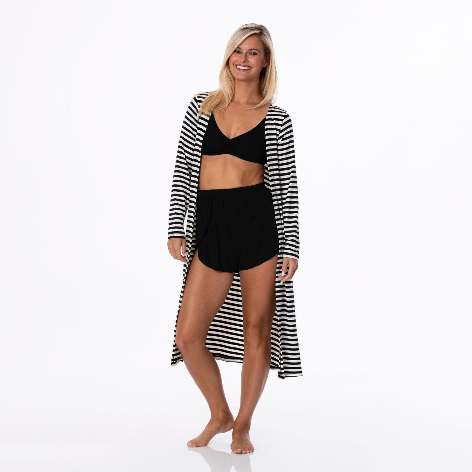 Women's Print Sleeping Bra, Tulip Shorts and Duster Robe Set in Jailhouse Rock Stripe