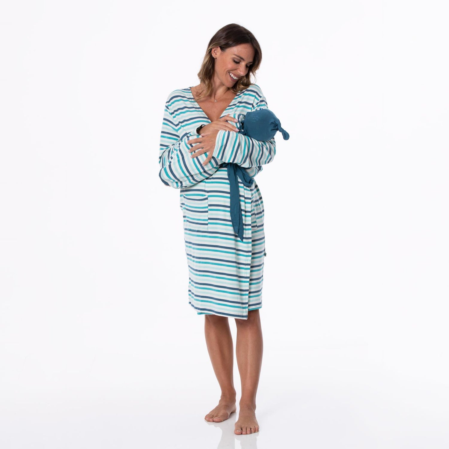 Women's Print Mid Length Lounge Robe & Layette Gown Set in Cruisin' Stripe