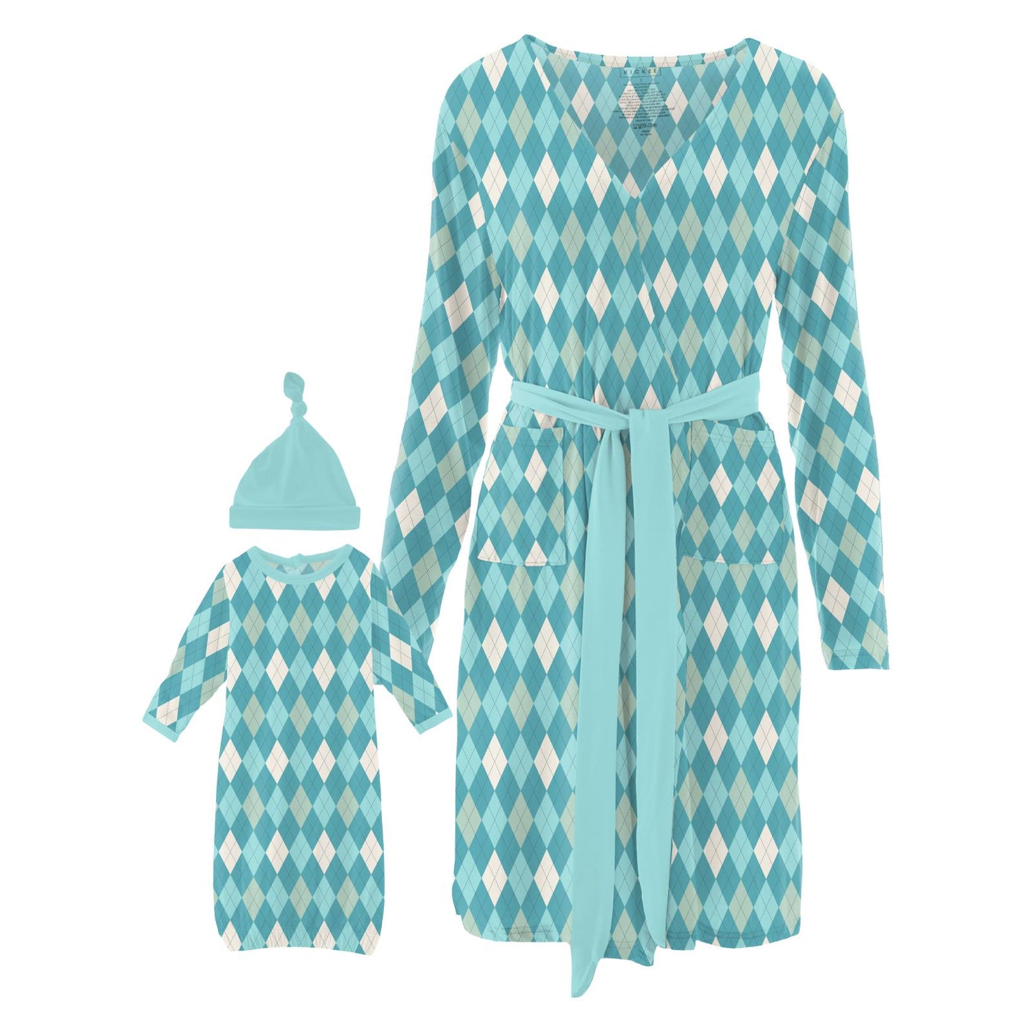 Women's Print Mid Length Lounge Robe & Layette Gown Set in Glacier Argyle