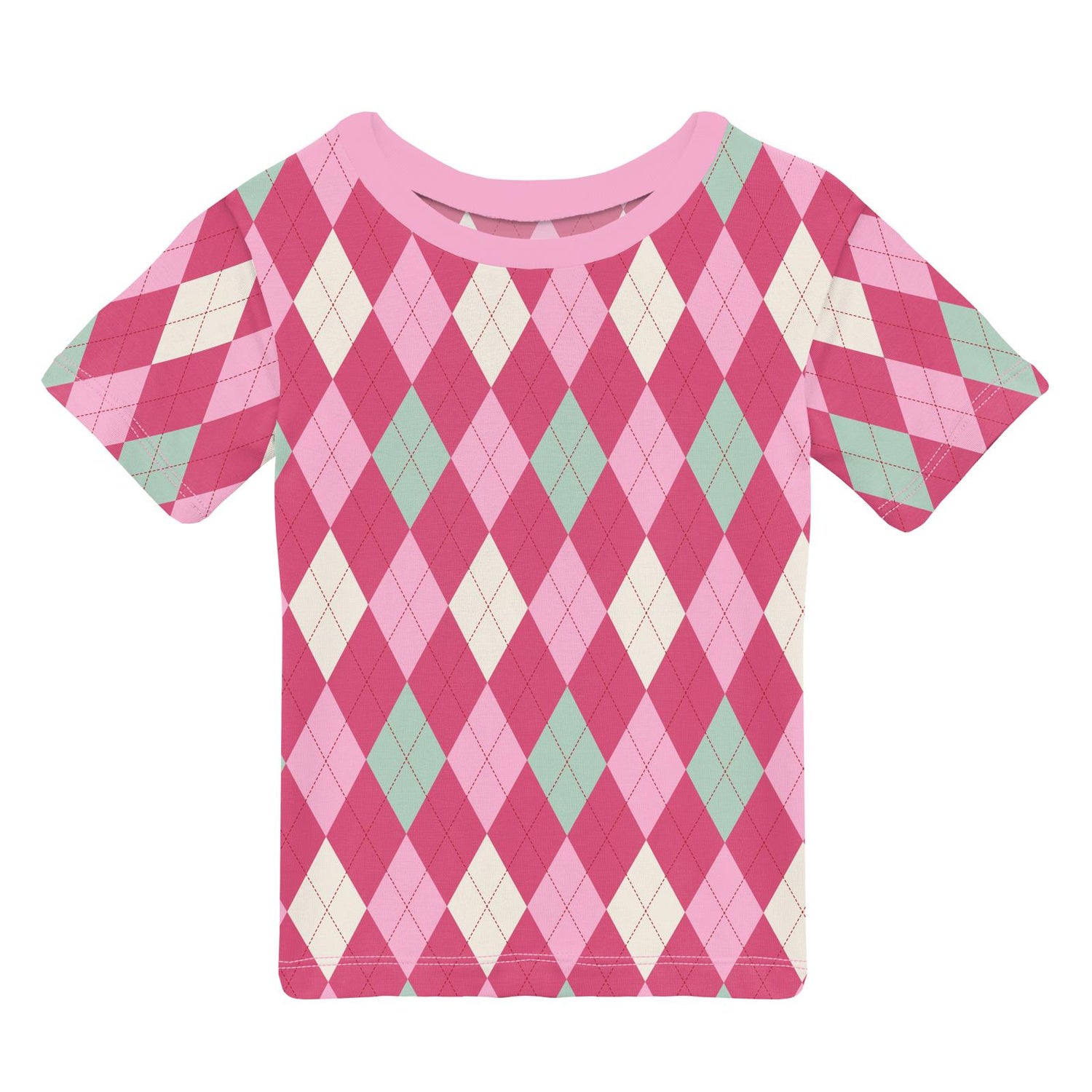 Print Short Sleeve Easy Fit Crew Neck Tee in Flamingo Argyle