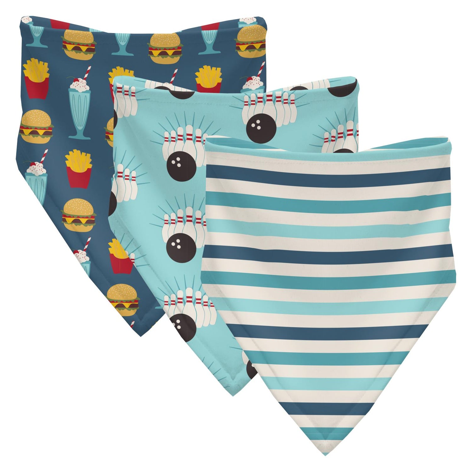 Print Bandana Bib Set of 3 in Deep Sea Cheeseburger, Summer Sky Bowling & Cruisin' Stripe