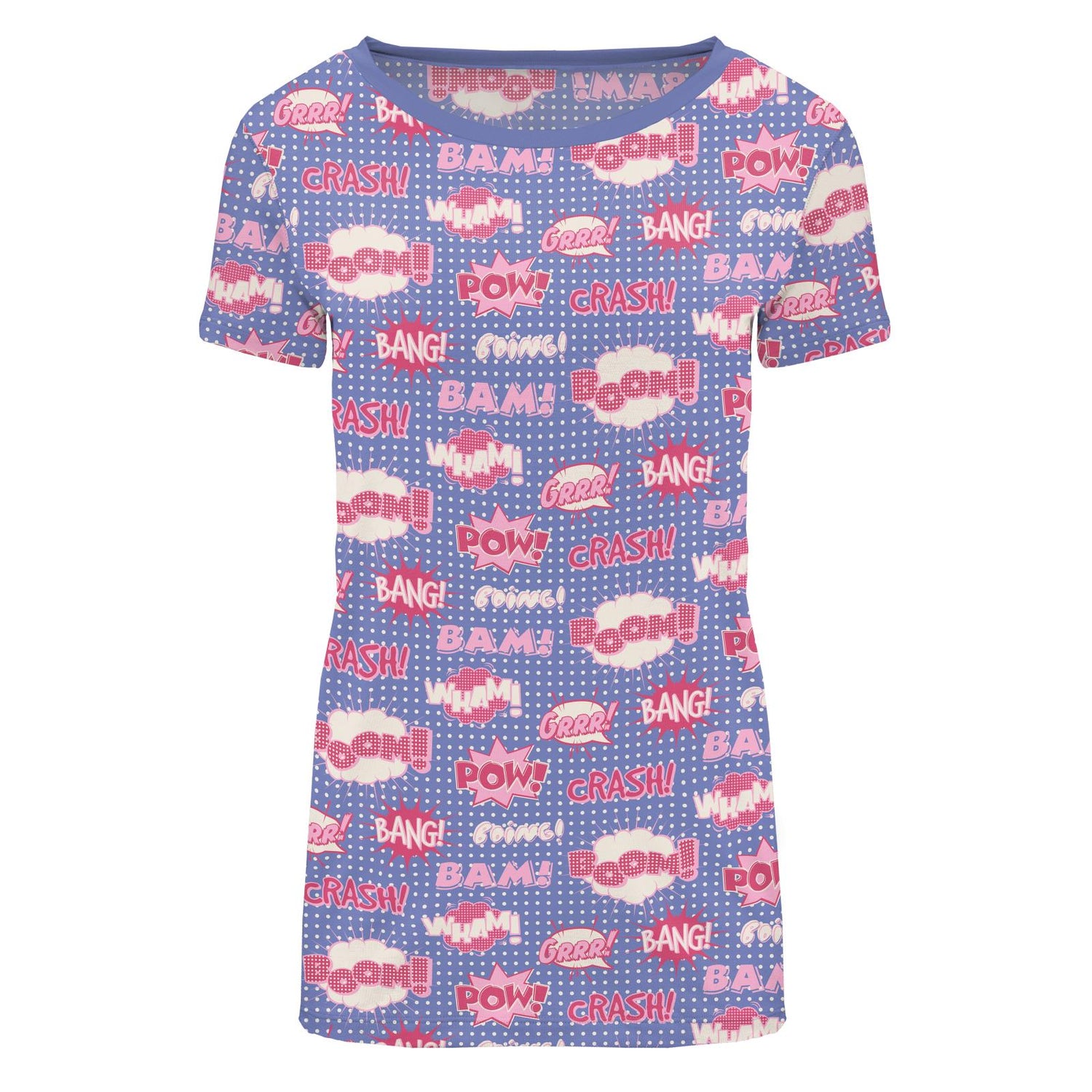 Women's Print Short Sleeve Loosey Goosey Tee in Forget Me Not Comic Onomatopoeia