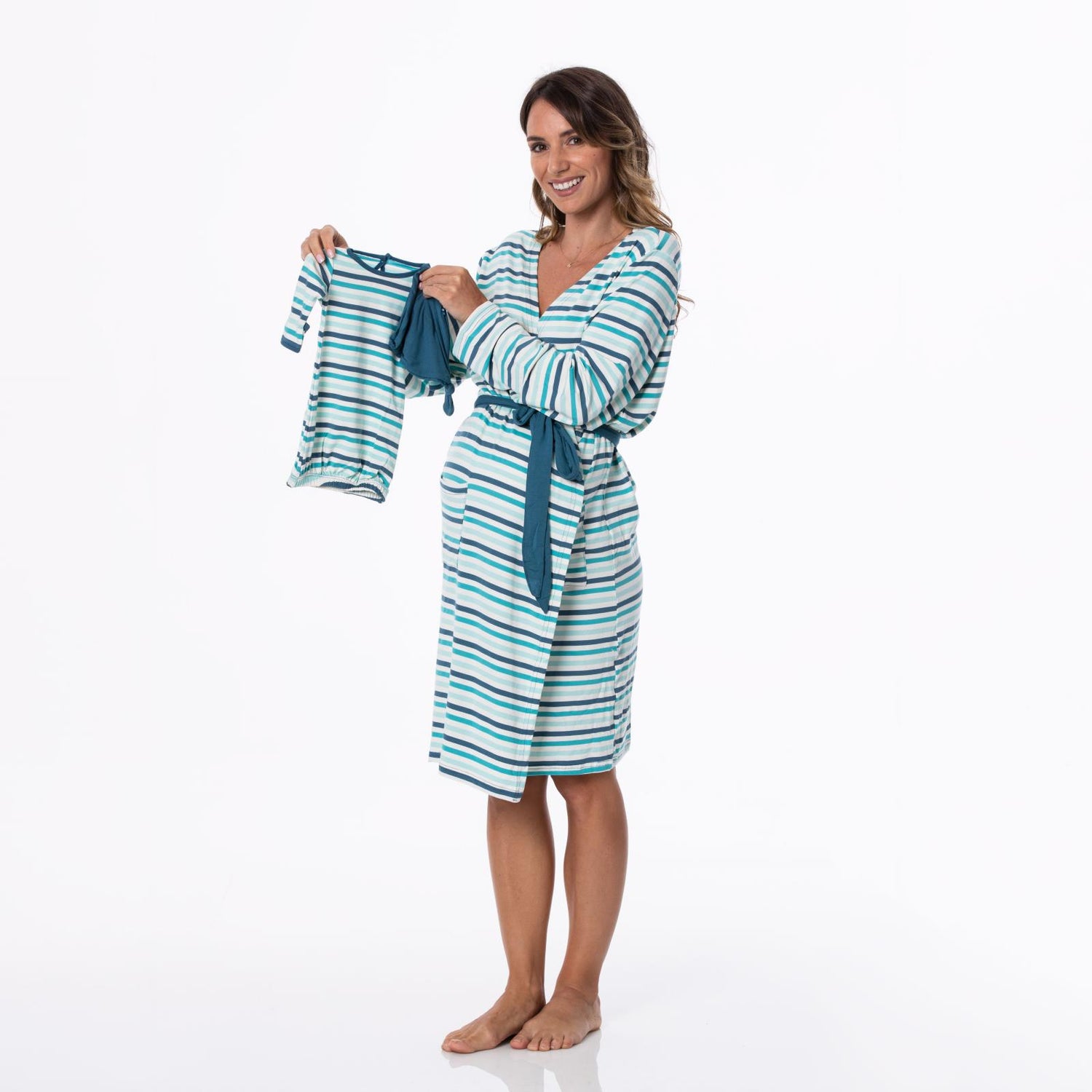 Women's Print Mid Length Lounge Robe & Layette Gown Set in Cruisin' Stripe