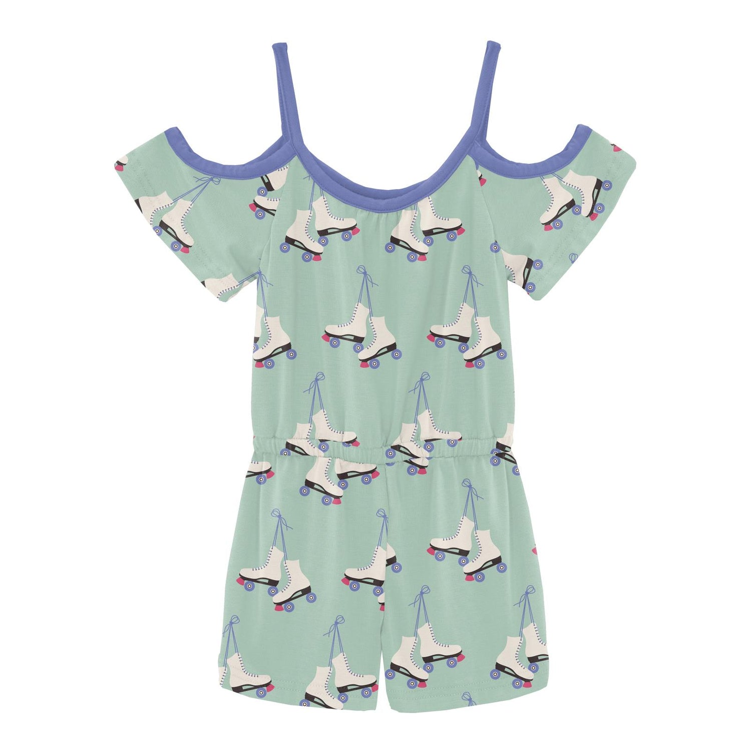 Print Open-Shoulder Romper in Pistachio Roller Skates