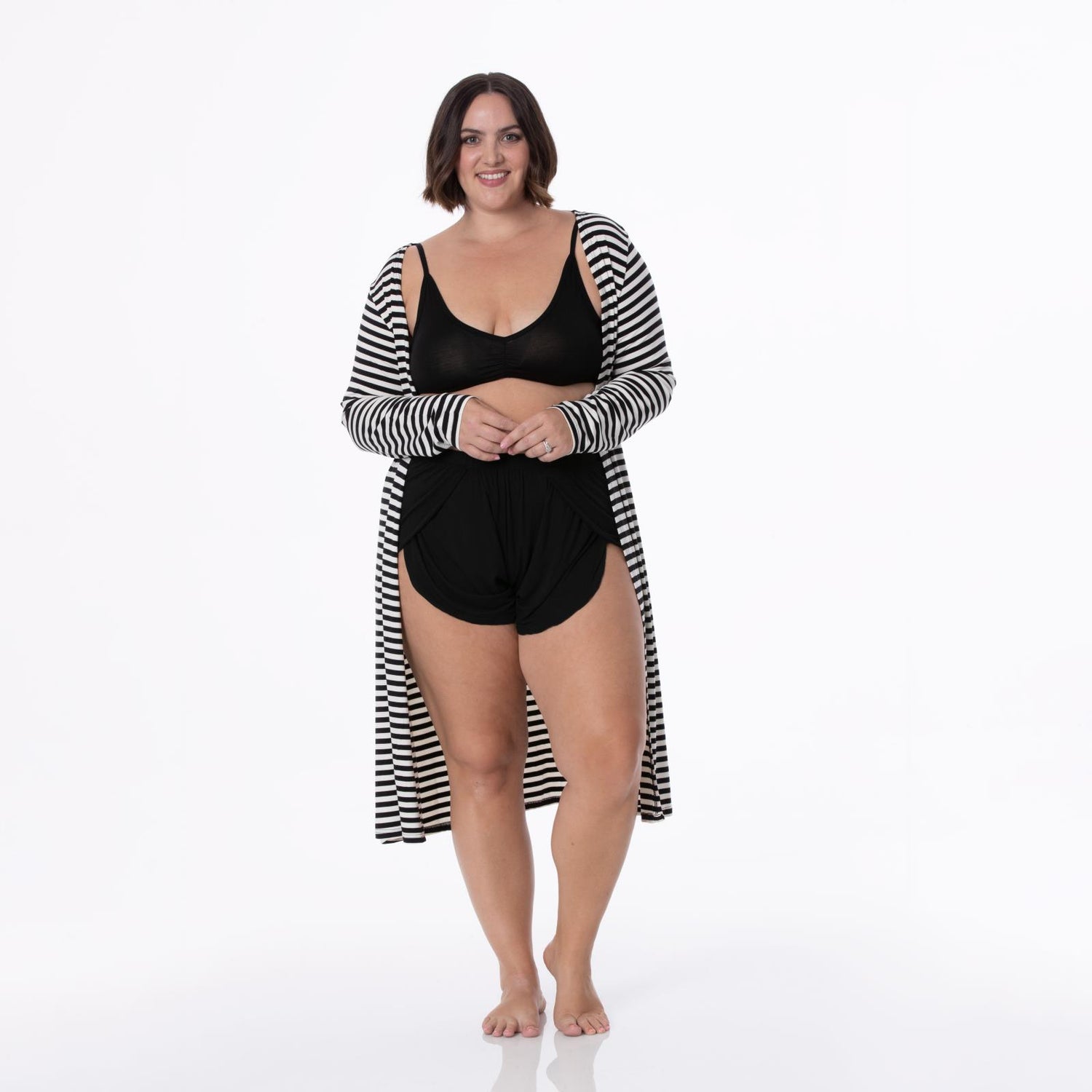 Women's Print Sleeping Bra, Tulip Shorts and Duster Robe Set in Jailhouse Rock Stripe
