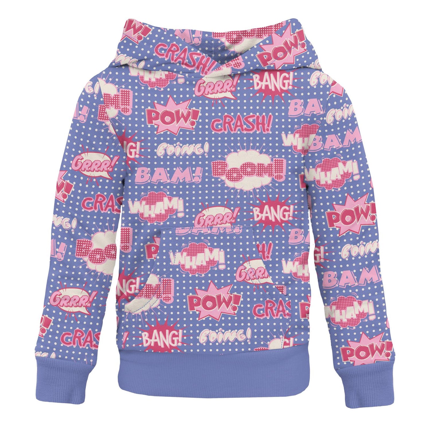 Print Fleece Kangaroo Pocket Pullover in Forget Me Not Comic Onomatopoeia