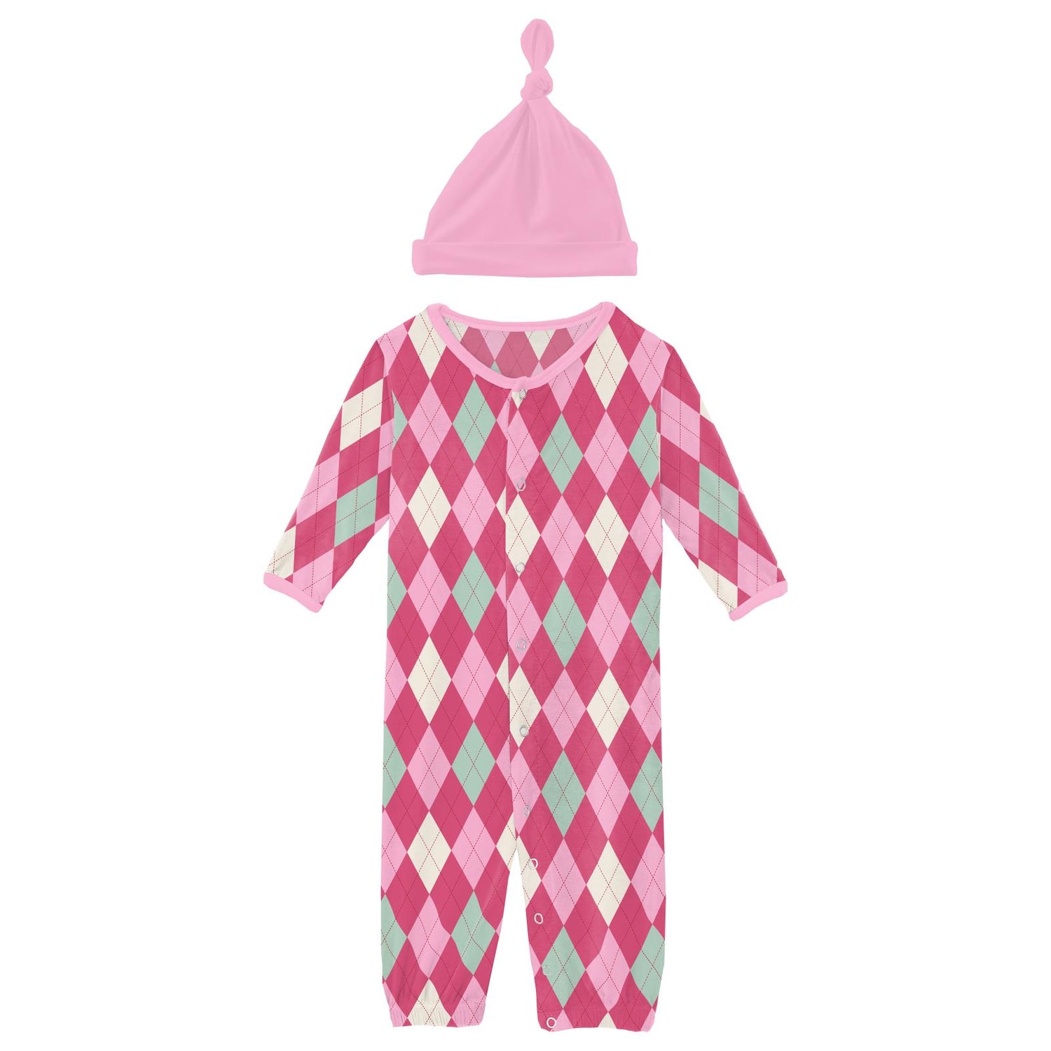Print Layette Gown Converter & Single Knot Hat Set in Flamingo Argyle