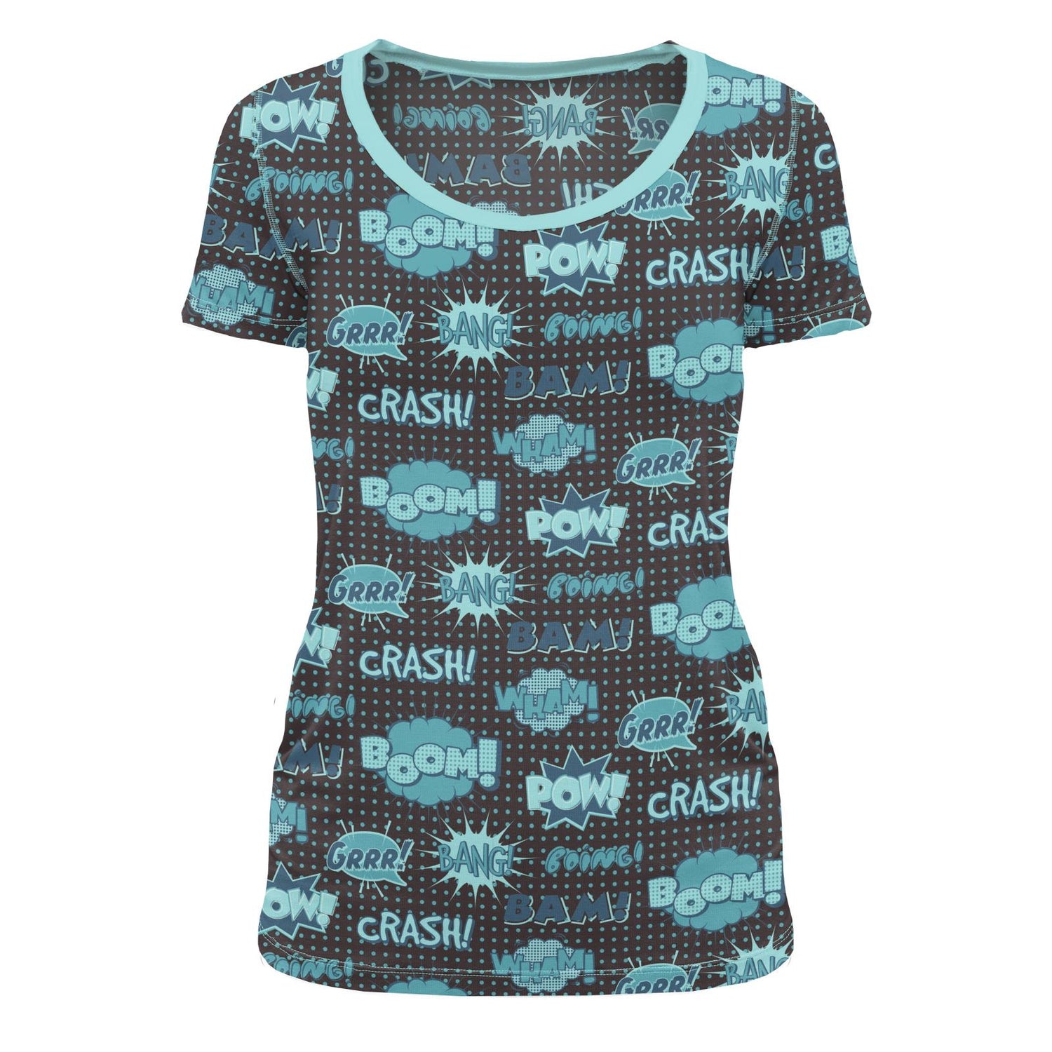 Women's Print Short Sleeve Scoop Neck Tee in Midnight Comic Onomatopoeia