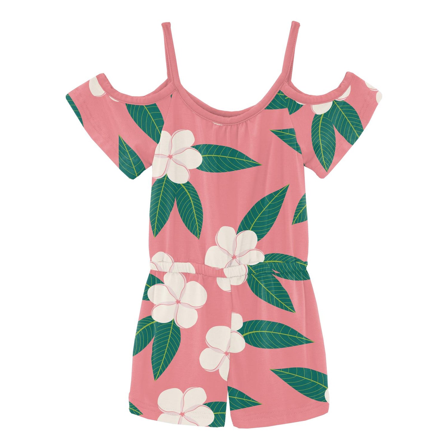 Print Open-Shoulder Romper in Strawberry Plumeria