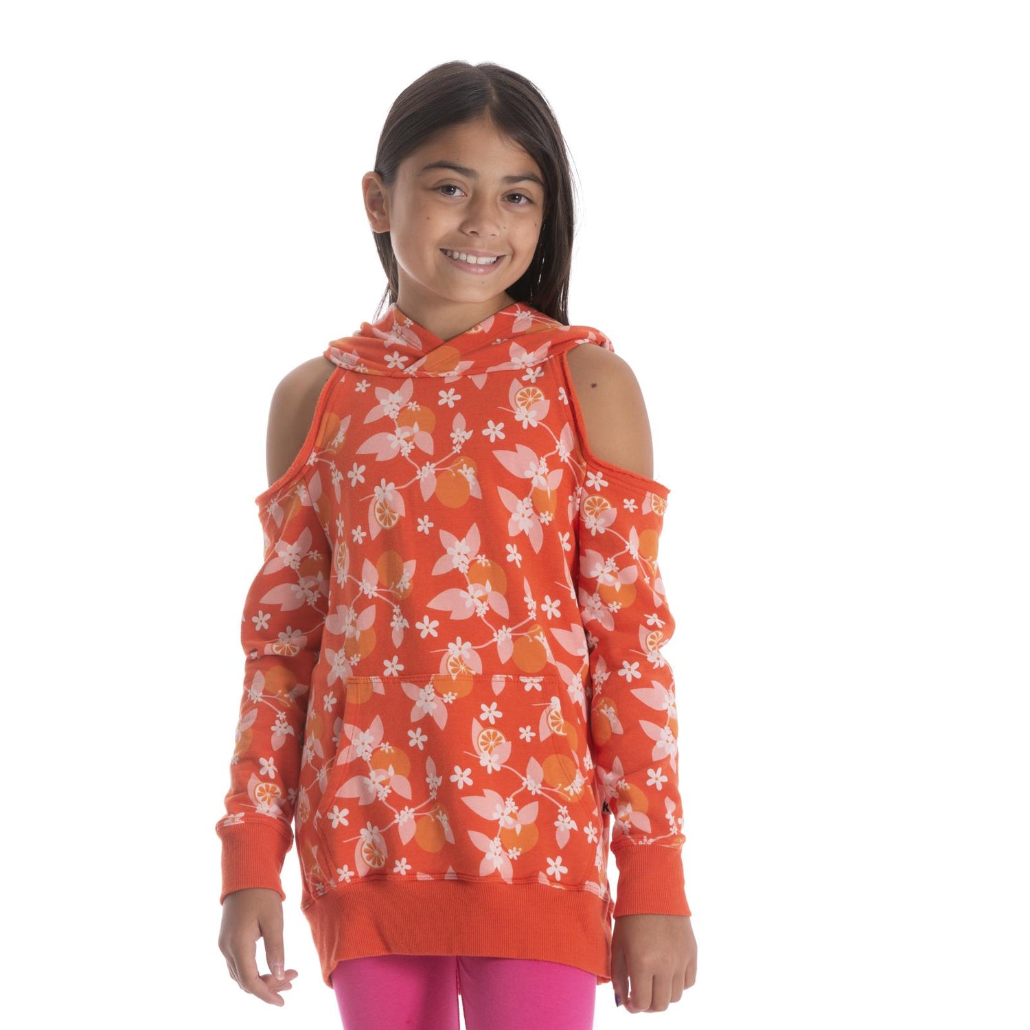 Print Fleece Open-Shoulder Pullover in Poppy Orange Blossom