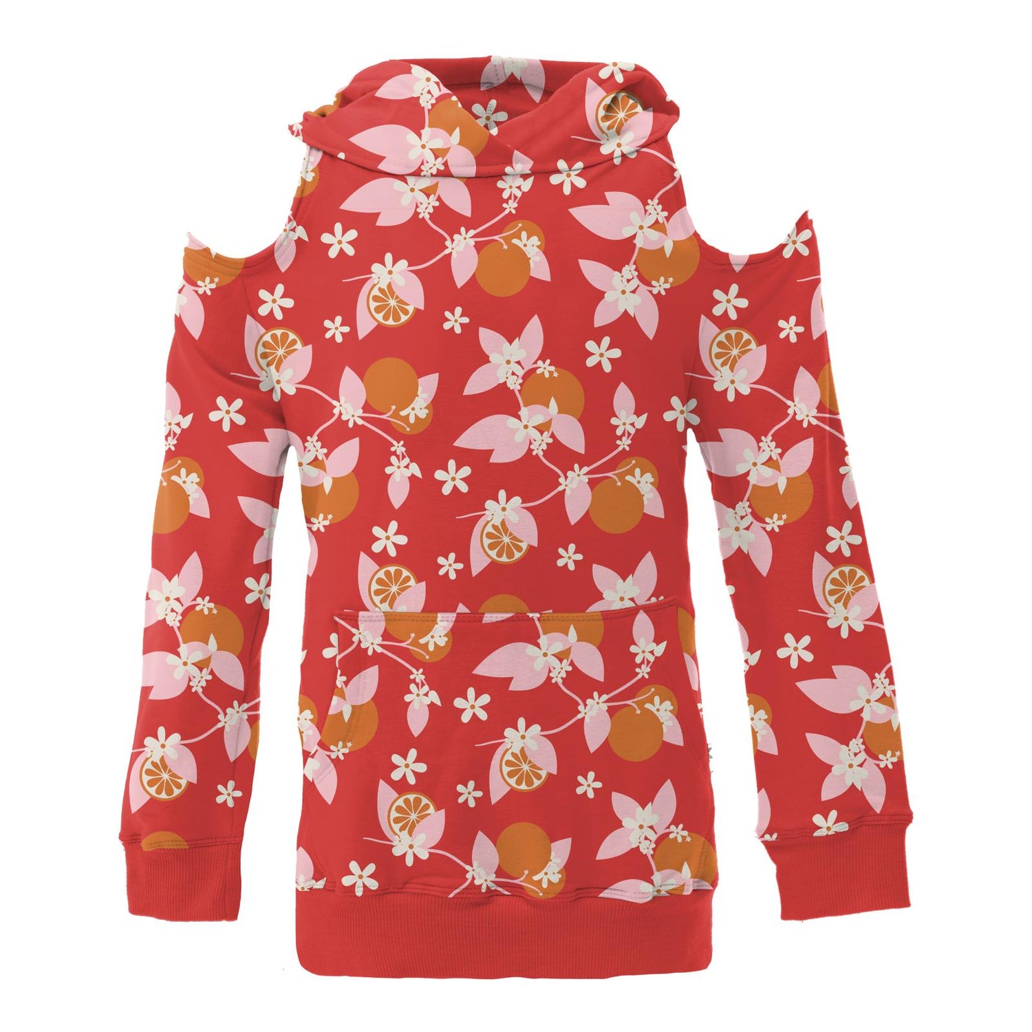 Print Fleece Open-Shoulder Pullover in Poppy Orange Blossom