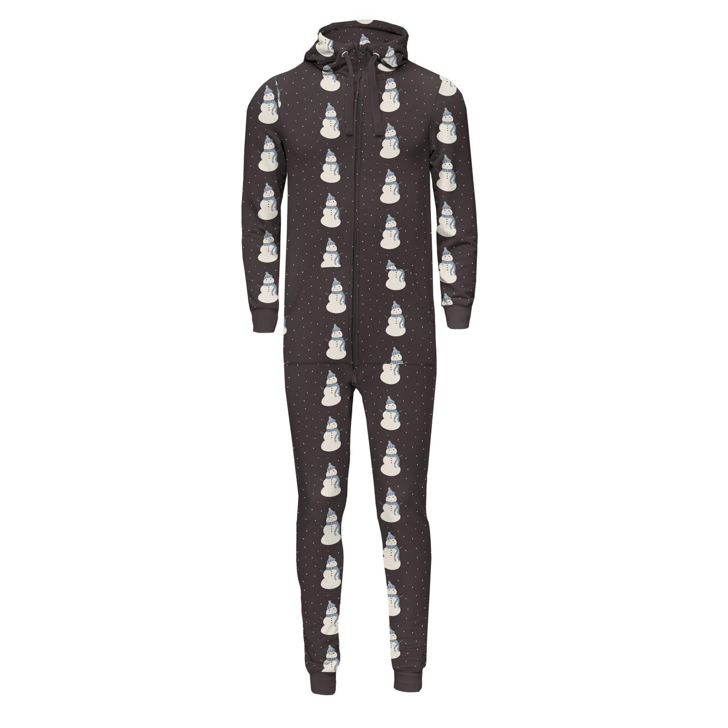 Print Adult Fleece Jumpsuit with Hood in Midnight Snowman