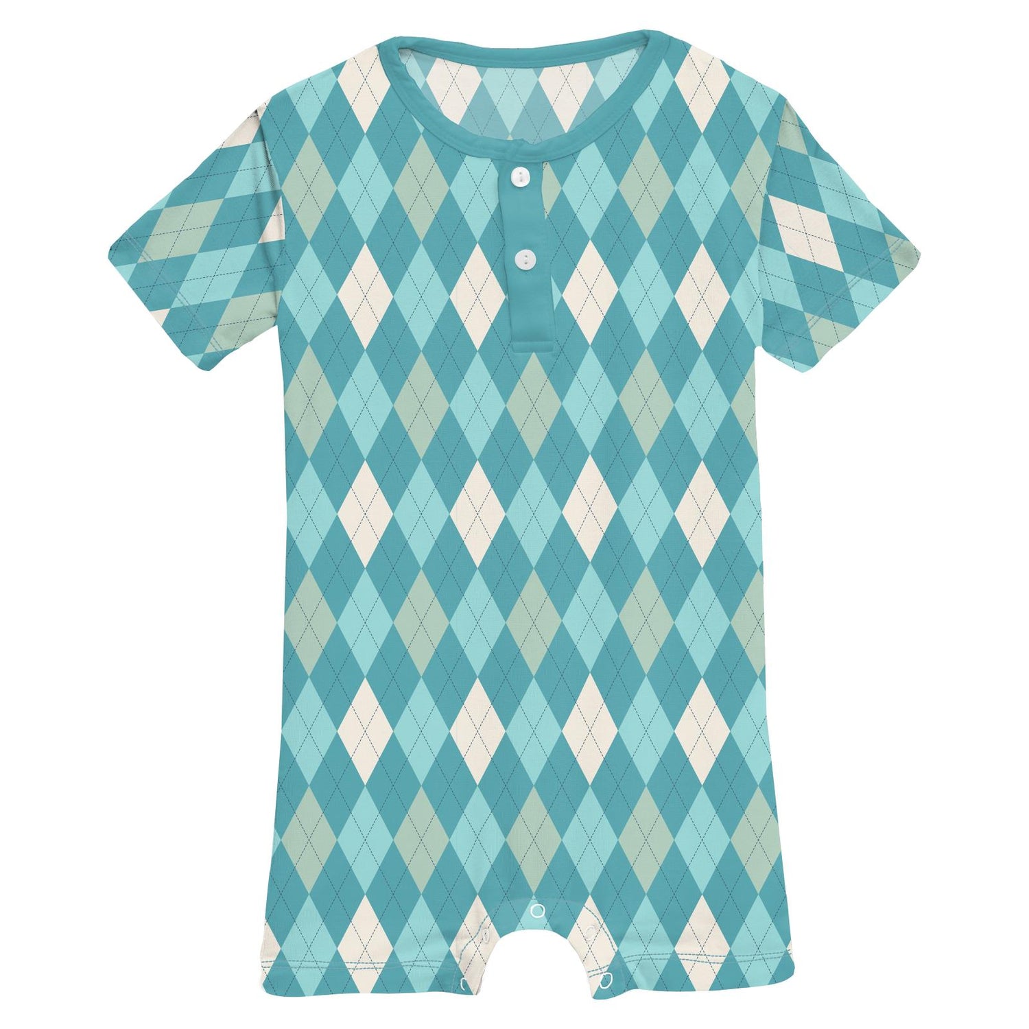 Print Short Sleeve Henley Romper in Glacier Argyle