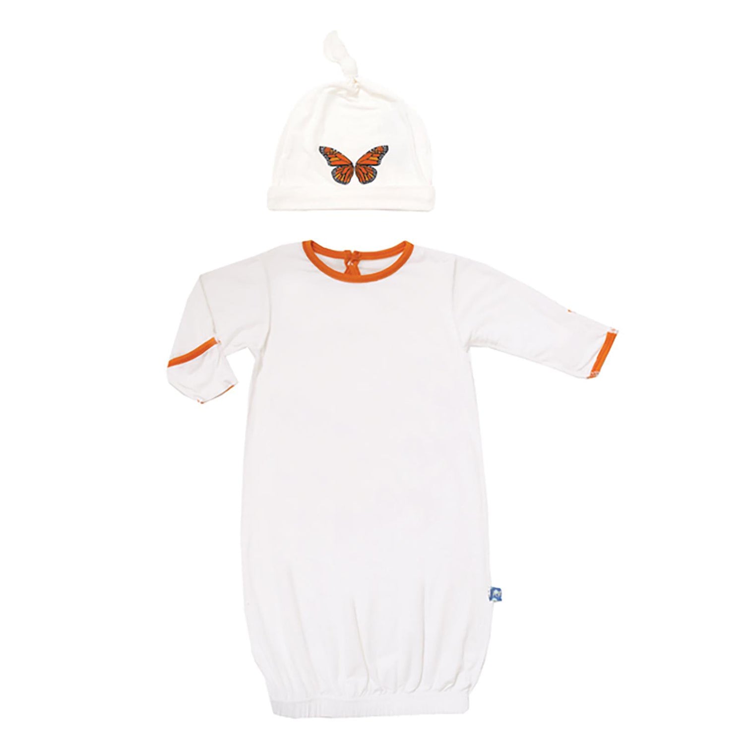 Print Layette Gown & Knot Hat Set in Natural with Monarch Butterfly