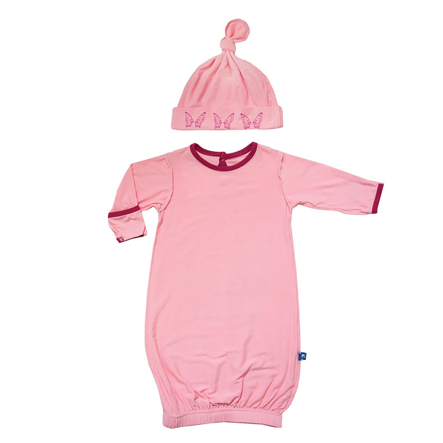 Print Layette Gown & Knot Hat Set in Lotus with Berry Butterfly