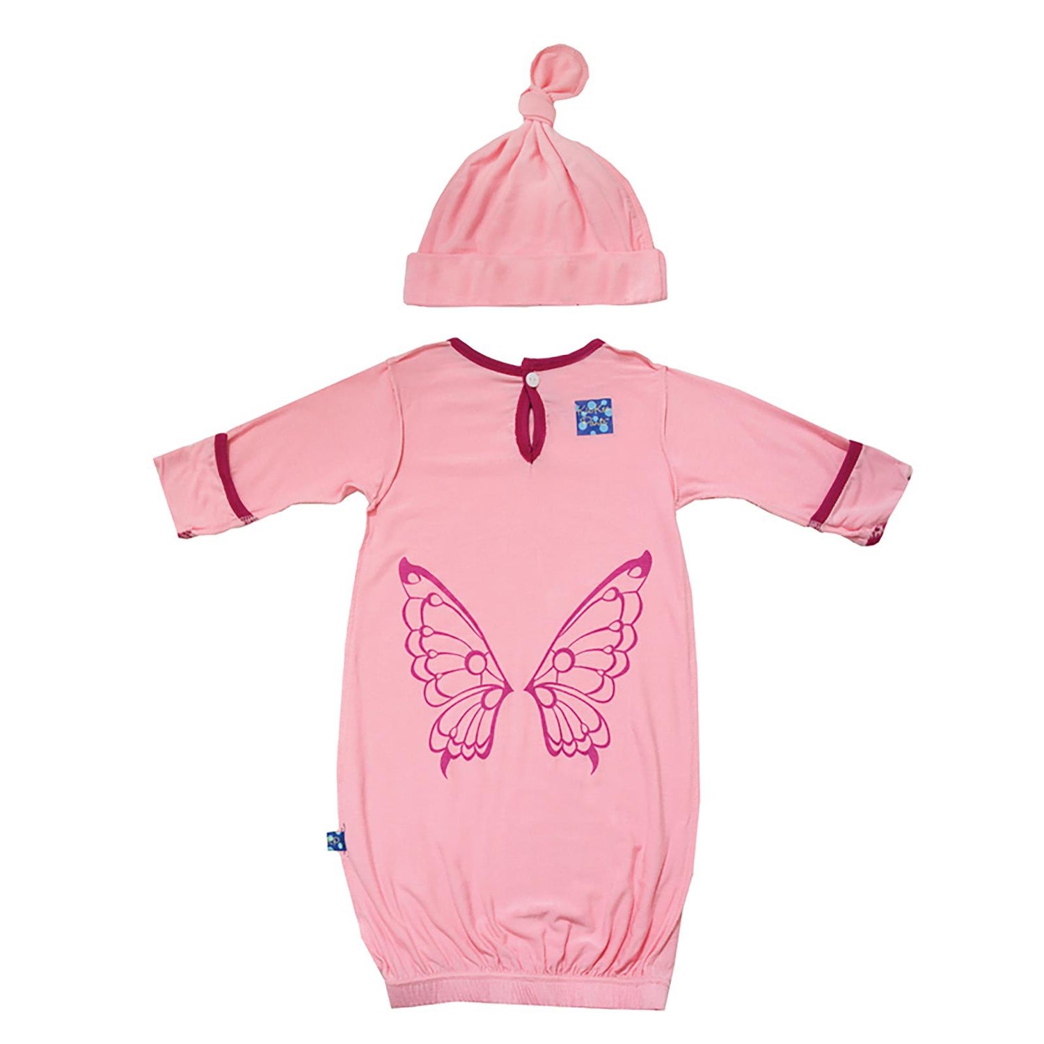 Print Layette Gown & Knot Hat Set in Lotus with Berry Butterfly
