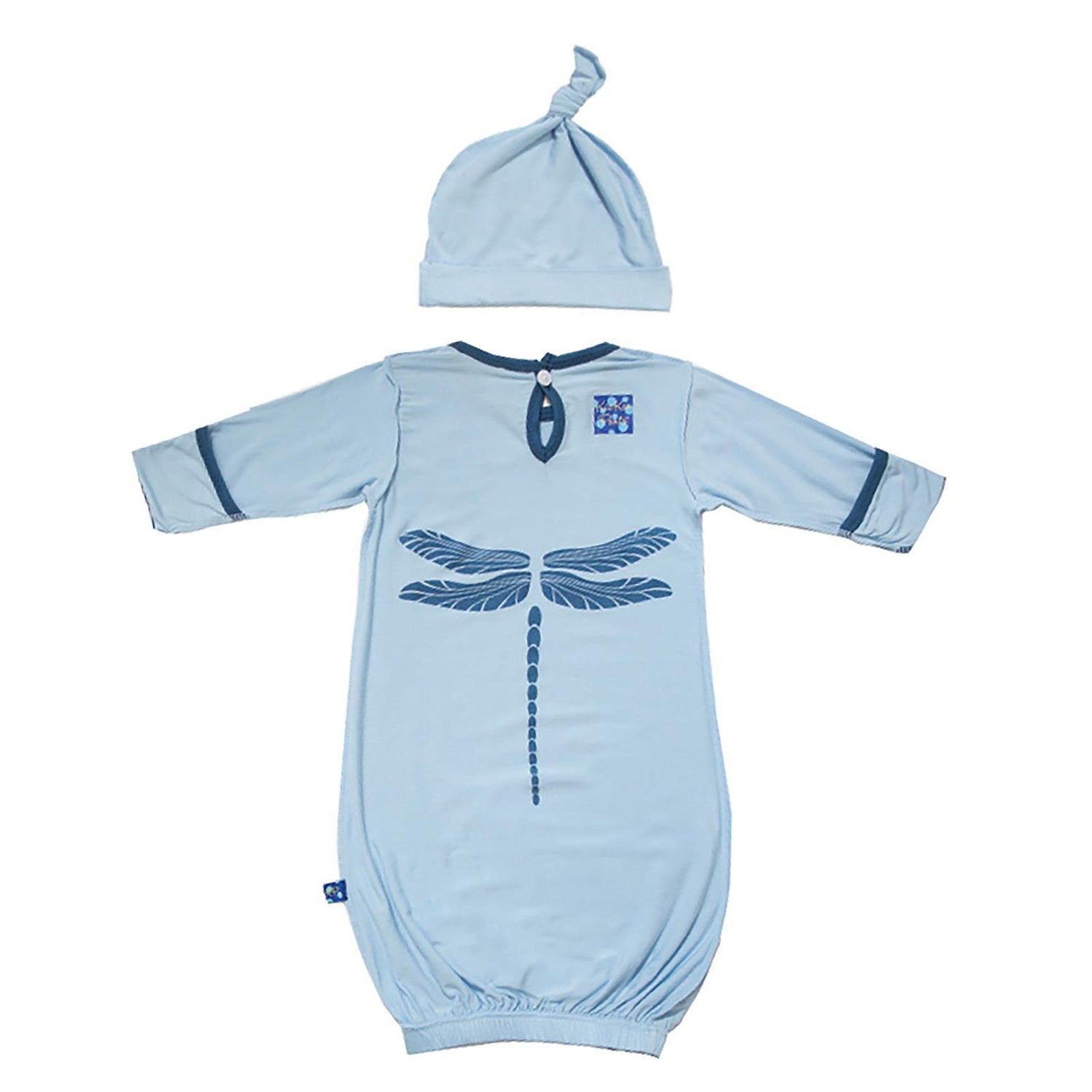 Print Layette Gown & Knot Hat Set in Pond with Dragonfly