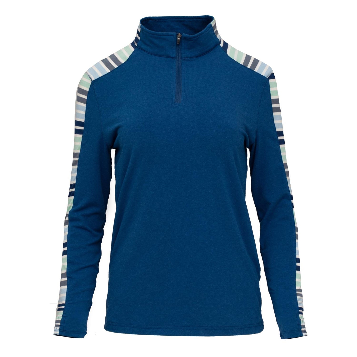 Women's Print Long Sleeve Luxe Sport Tee with Thumbhole in Navy/Fairground Stripe