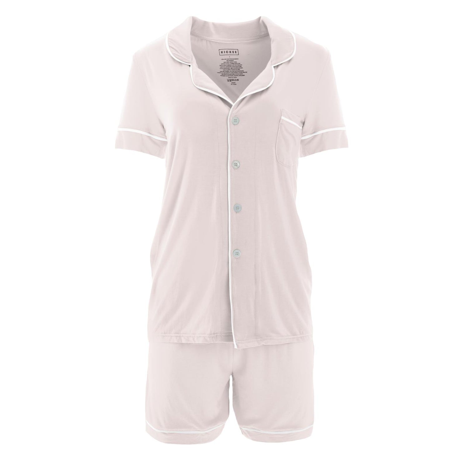 Women's Short Sleeve Collared Pajama Set with Shorts in Macaroon with Natural