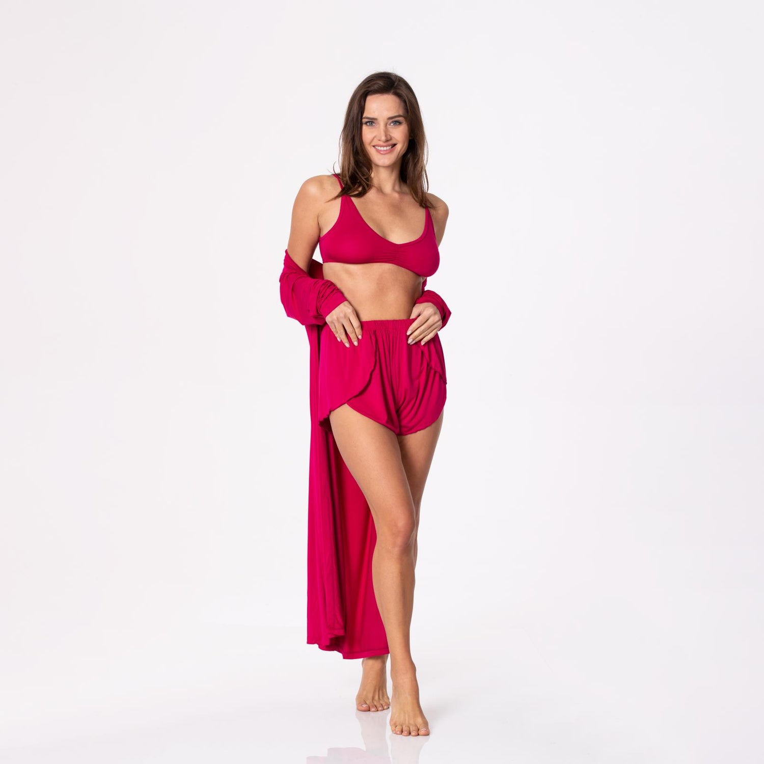 Women's Sleeping Bra, Tulip Shorts and Duster Robe Set in Rhododendron