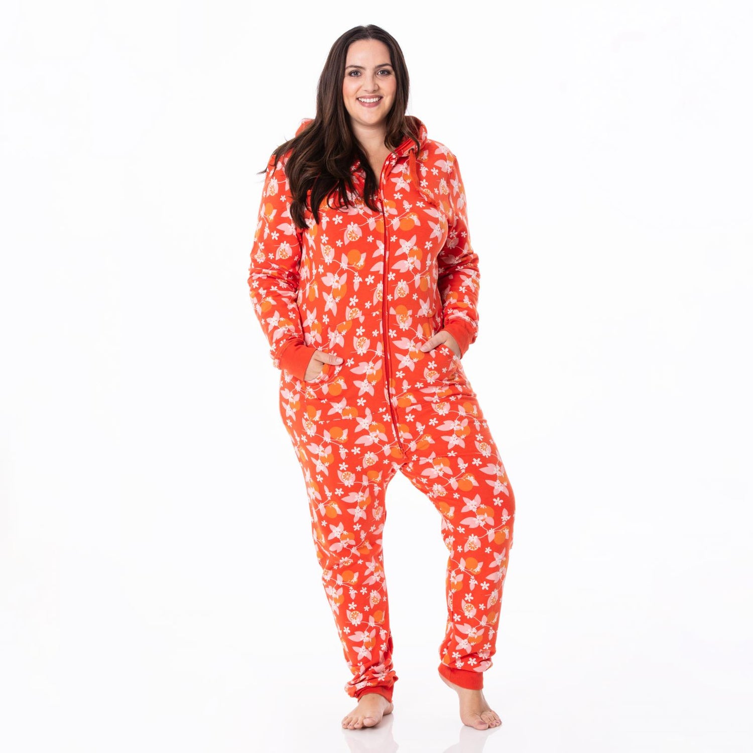 Print Adult Fleece Jumpsuit with Hood in Poppy Orange Blossom