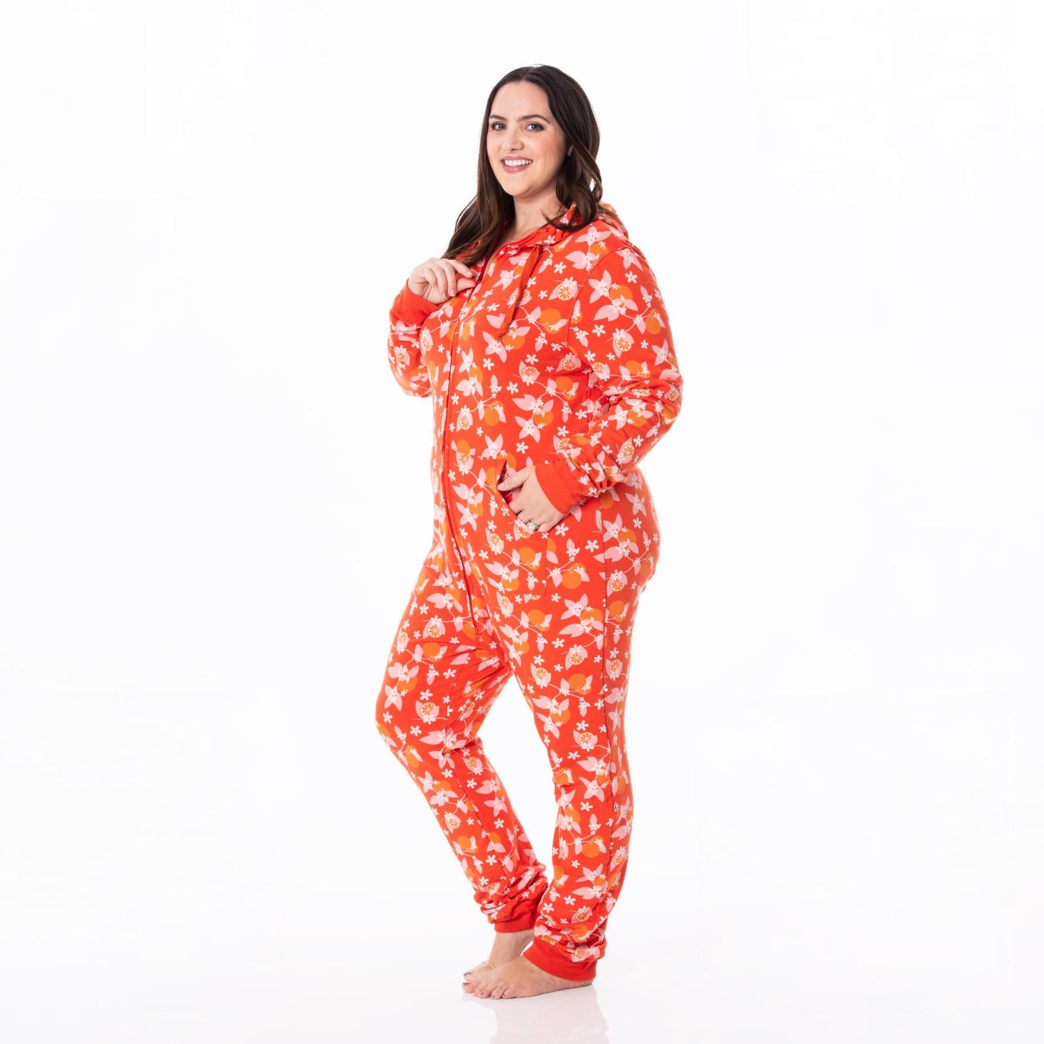 Print Adult Fleece Jumpsuit with Hood in Poppy Orange Blossom