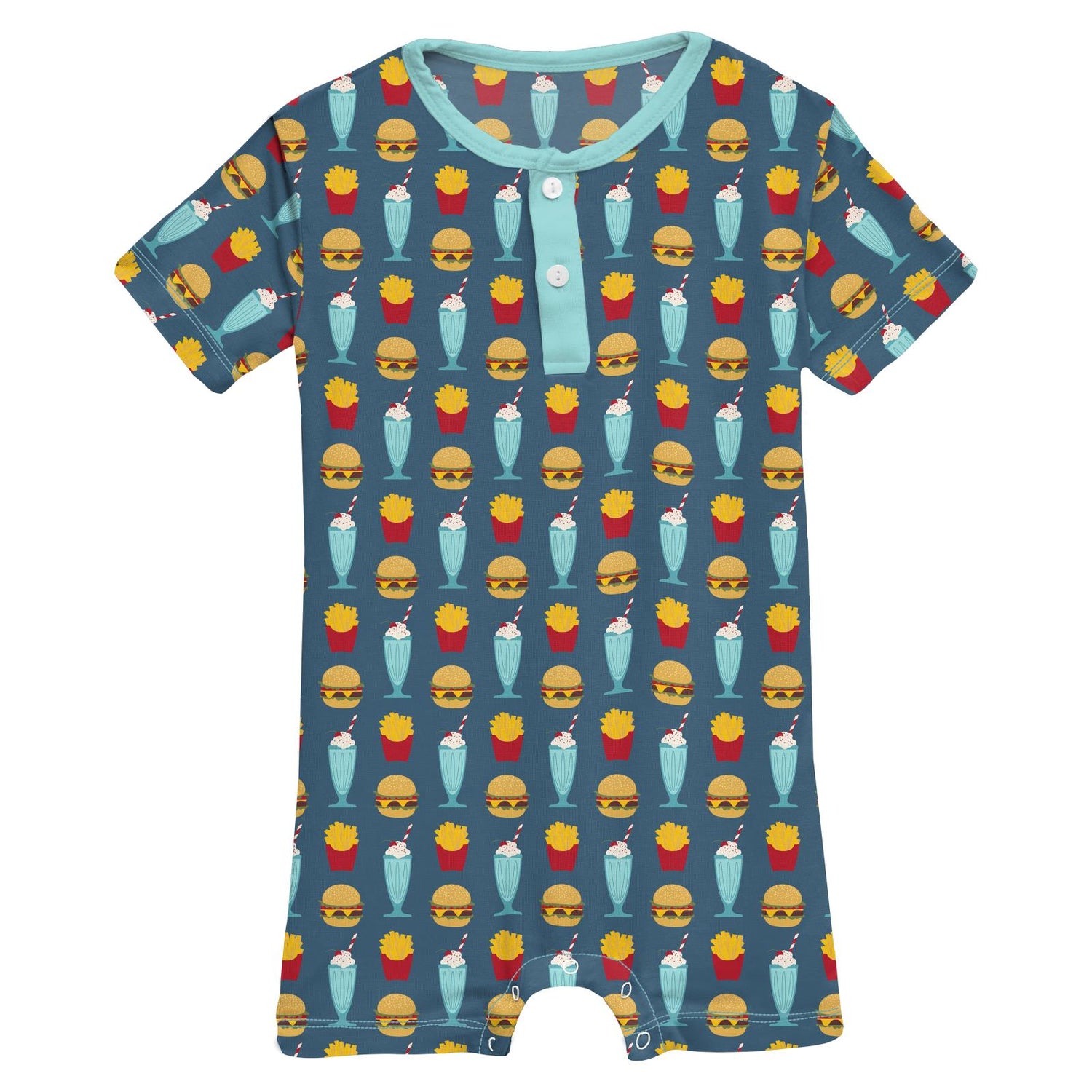 Print Short Sleeve Henley Romper in Deep Sea Cheeseburger
