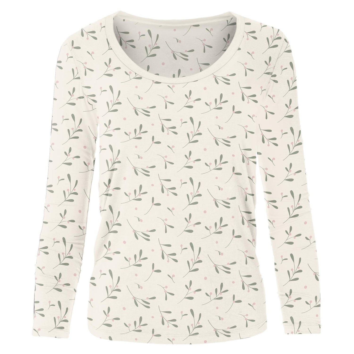 Women's Print Long Sleeve Scoop Neck Tee in Natural Mistletoe