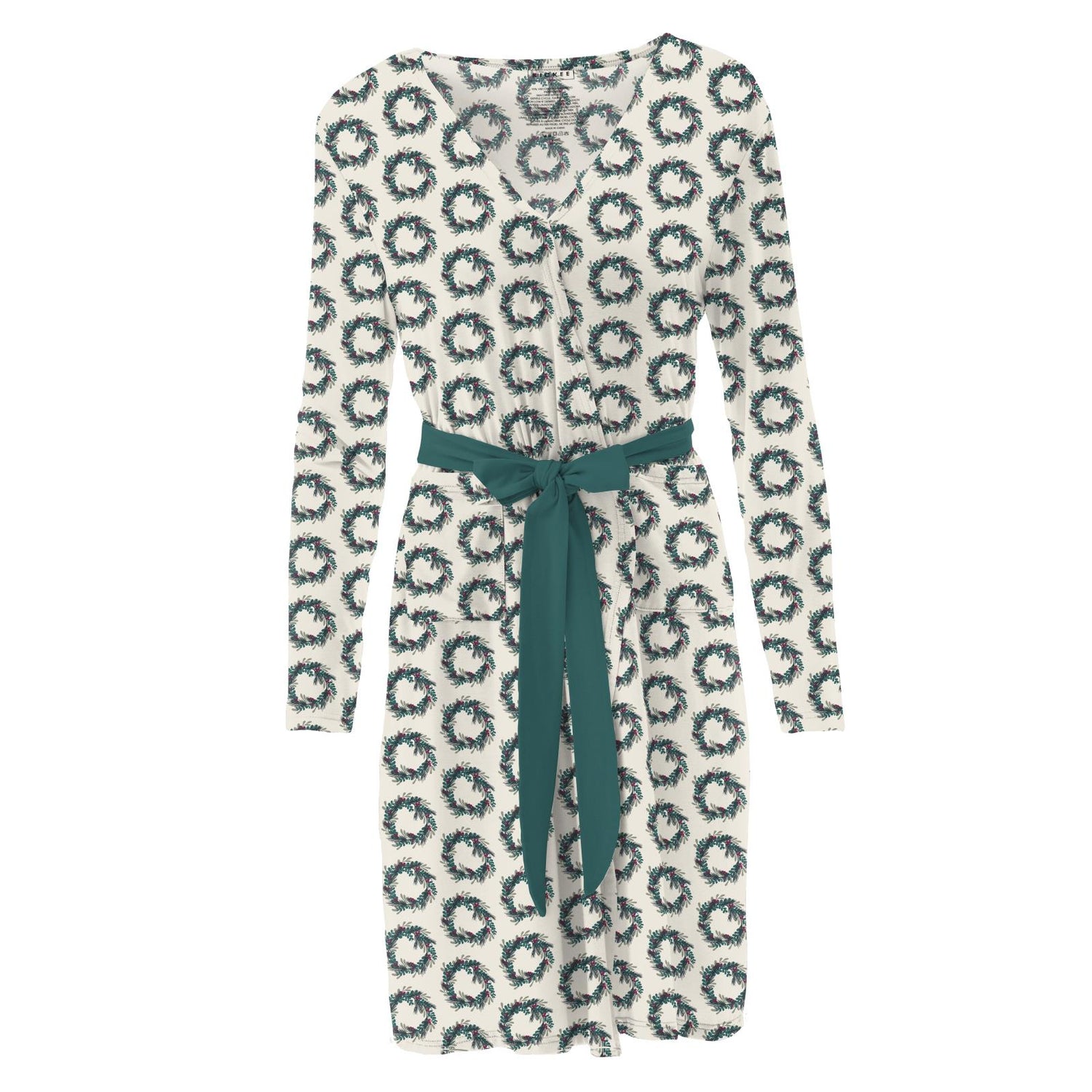 Women's Print Mid Length Lounge Robe in Natural Holiday Wreath