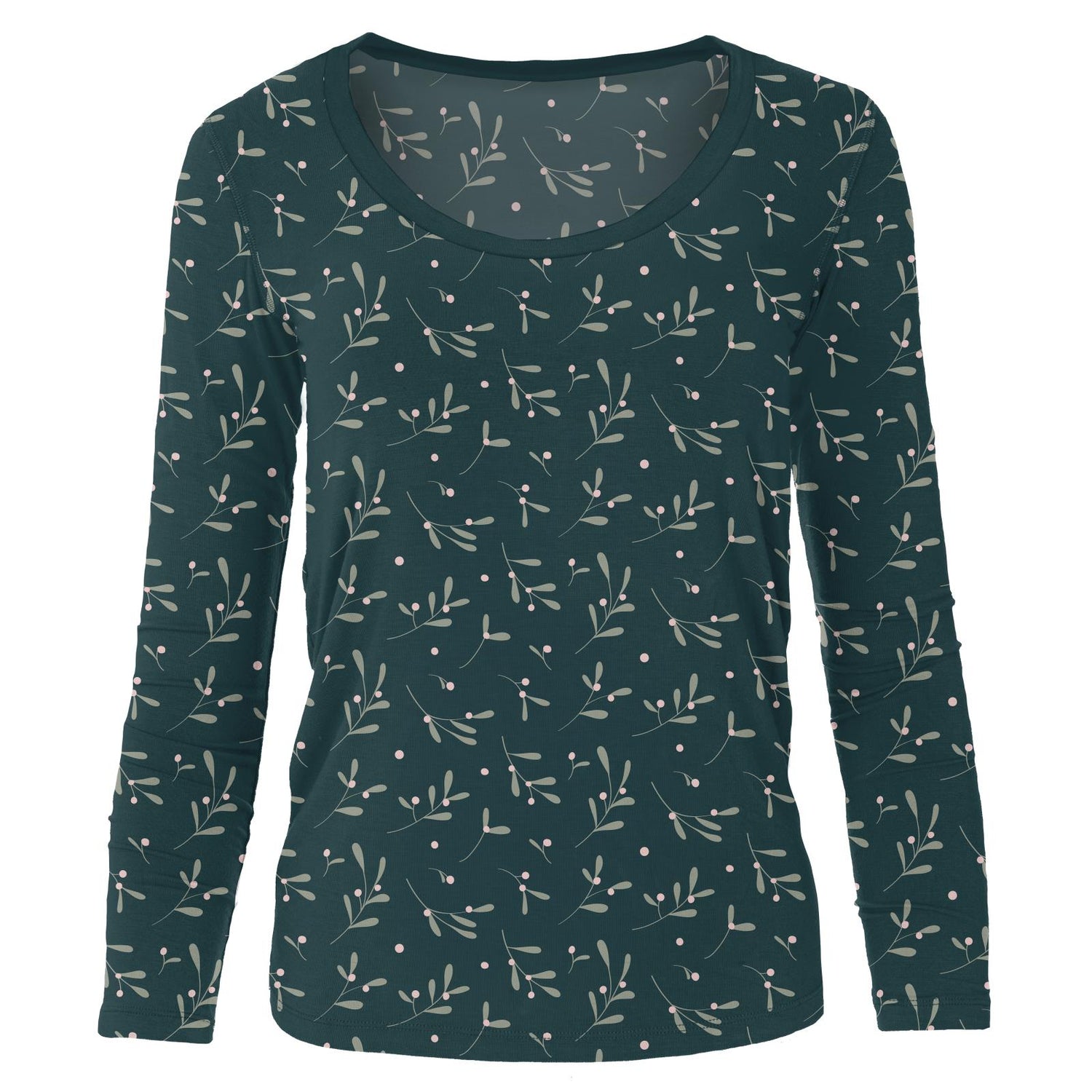 Women's Print Long Sleeve Scoop Neck Tee in Pine Mistletoe