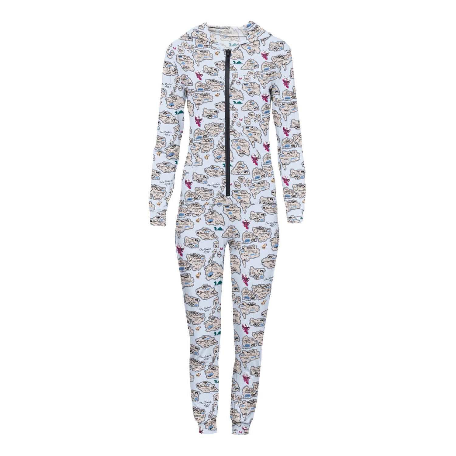 Women's Print Long Sleeve Jumpsuit with Hood in Dew Pirate Map