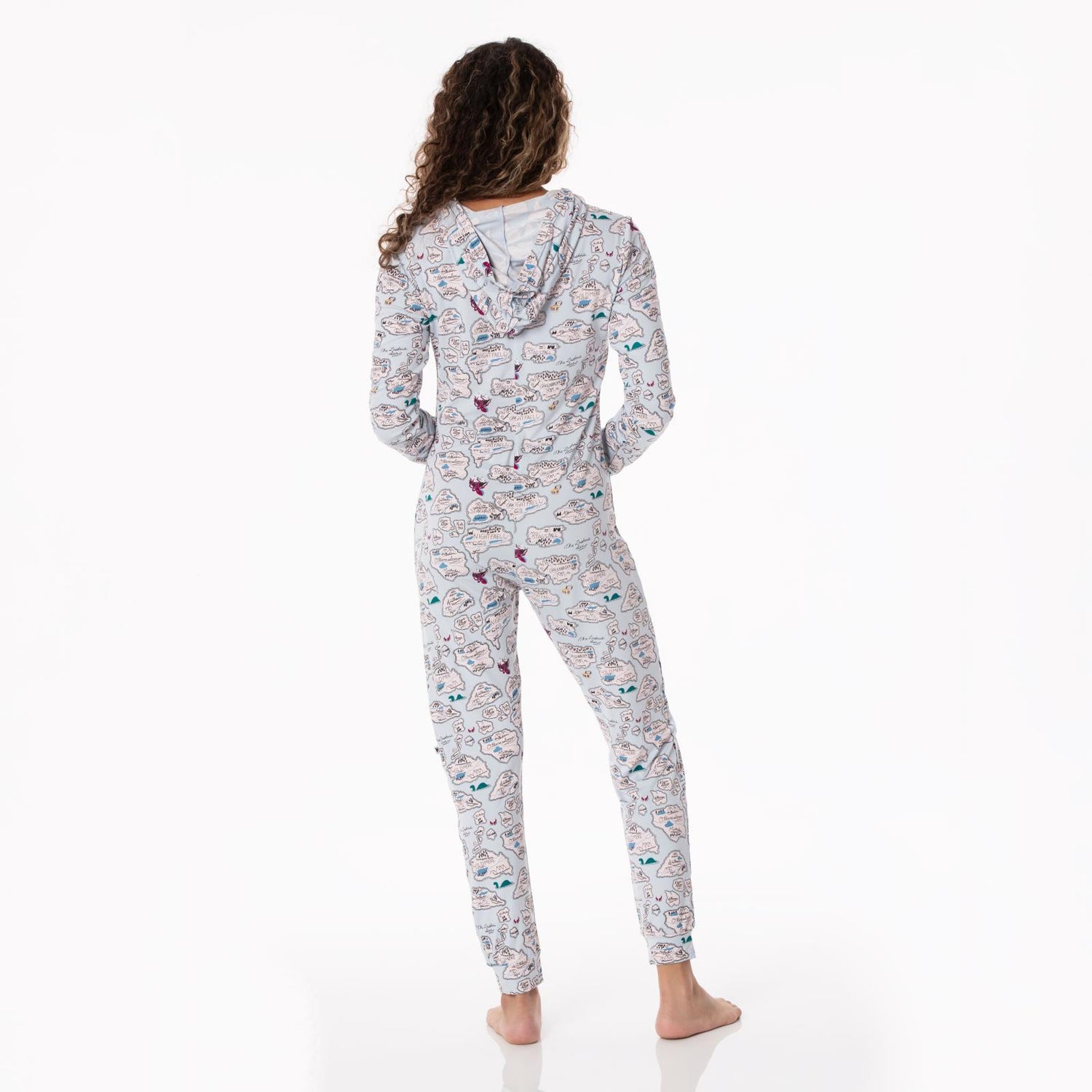 Women's Print Long Sleeve Jumpsuit with Hood in Dew Pirate Map