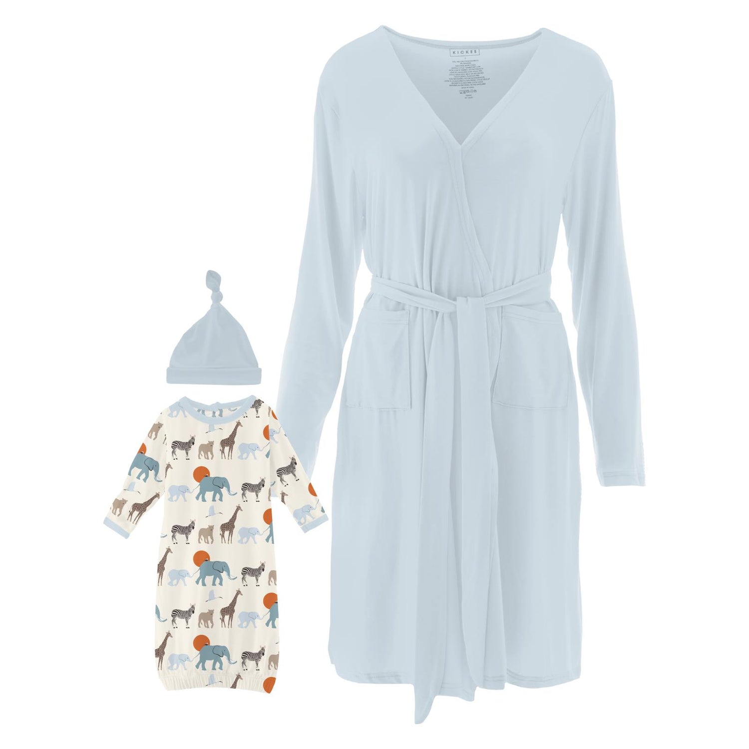 Women's Print Mid Length Lounge Robe & Layette Gown Set in Natural Just So Animals
